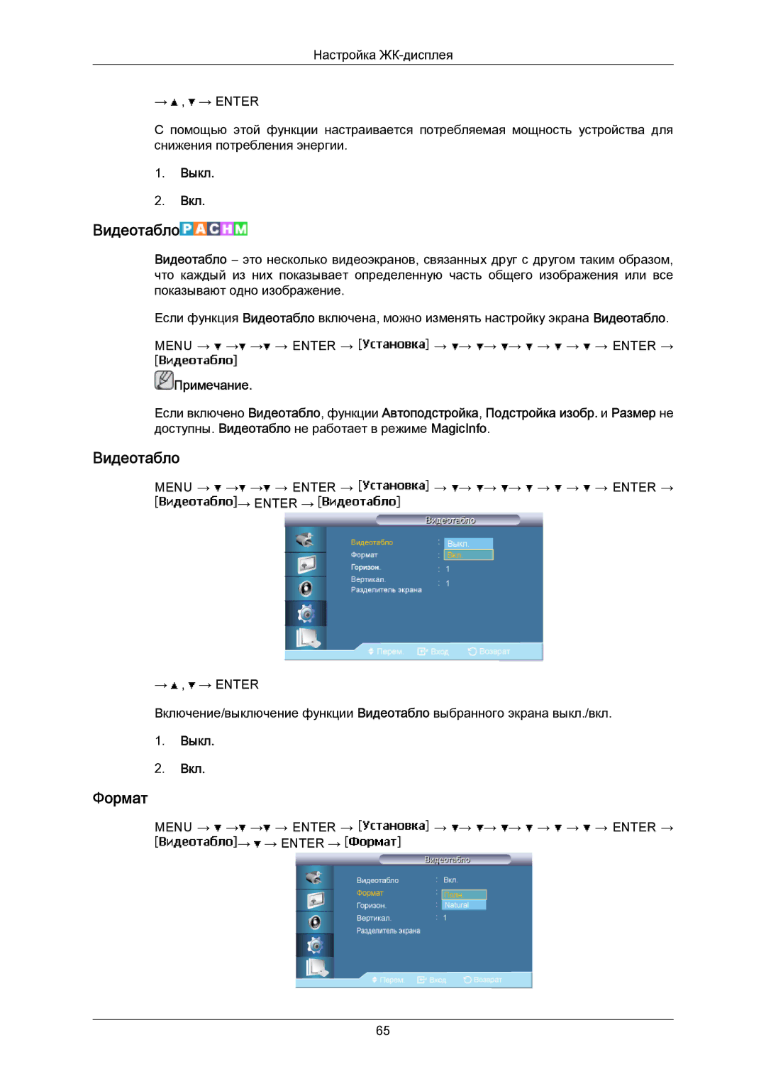 Samsung LH40MRTLBC/EN manual Видеотабло, Формат 