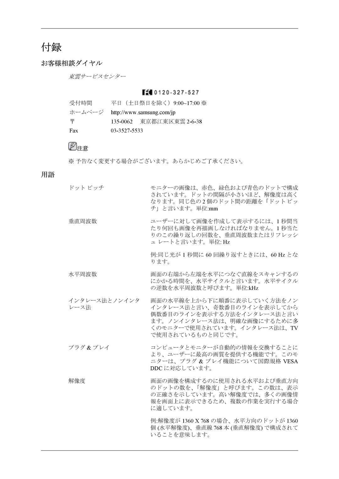 Samsung LH40MSPLBM/XJ, LH40MSTLBM/ZA manual お客様相談ダイヤル, Fax 03-3527-5533 