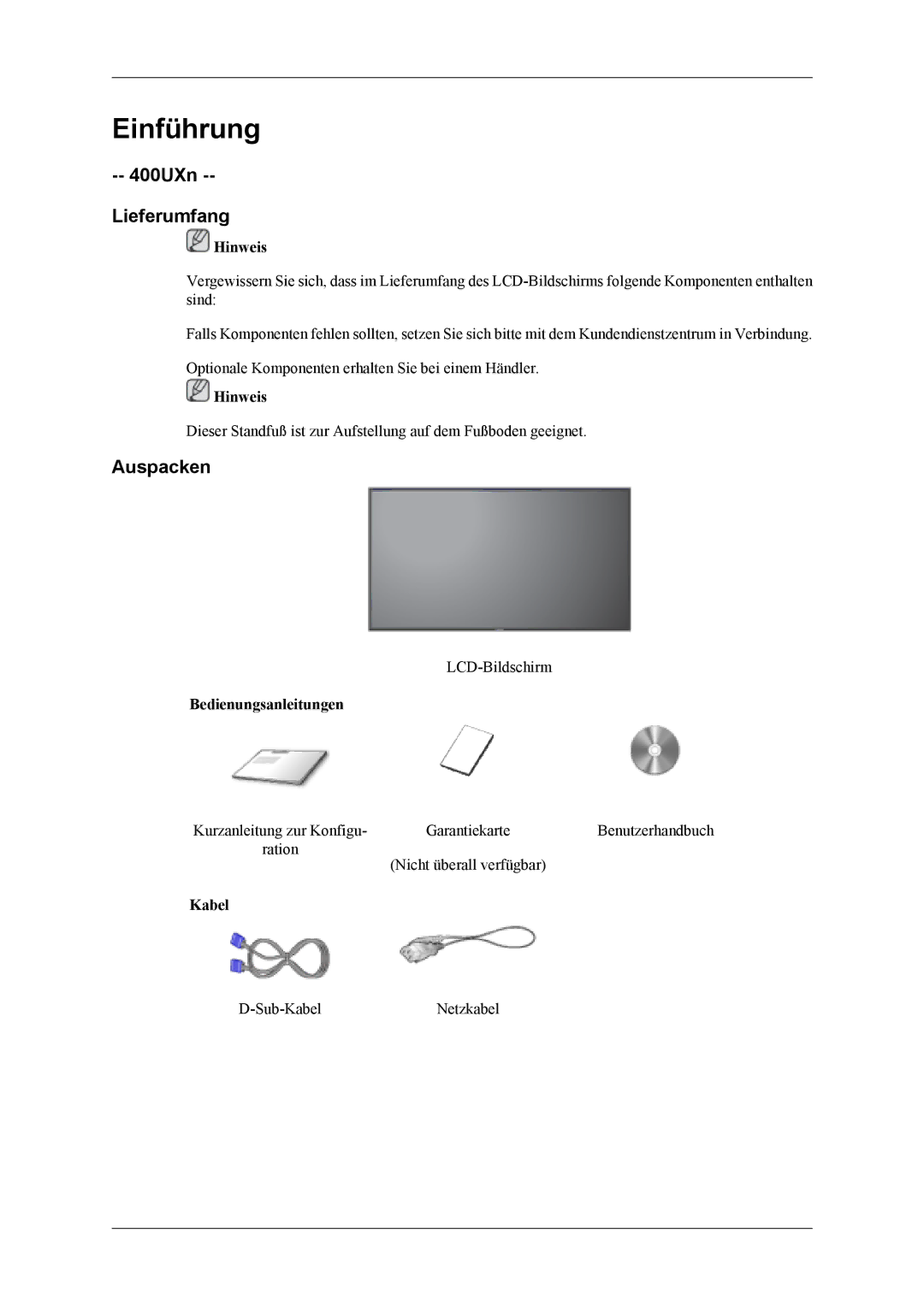 Samsung LH40MSTLBM/EN, LH40MSTABB/EN, LH46MSTABB/EN manual 400UXn Lieferumfang, Auspacken, Bedienungsanleitungen, Kabel 