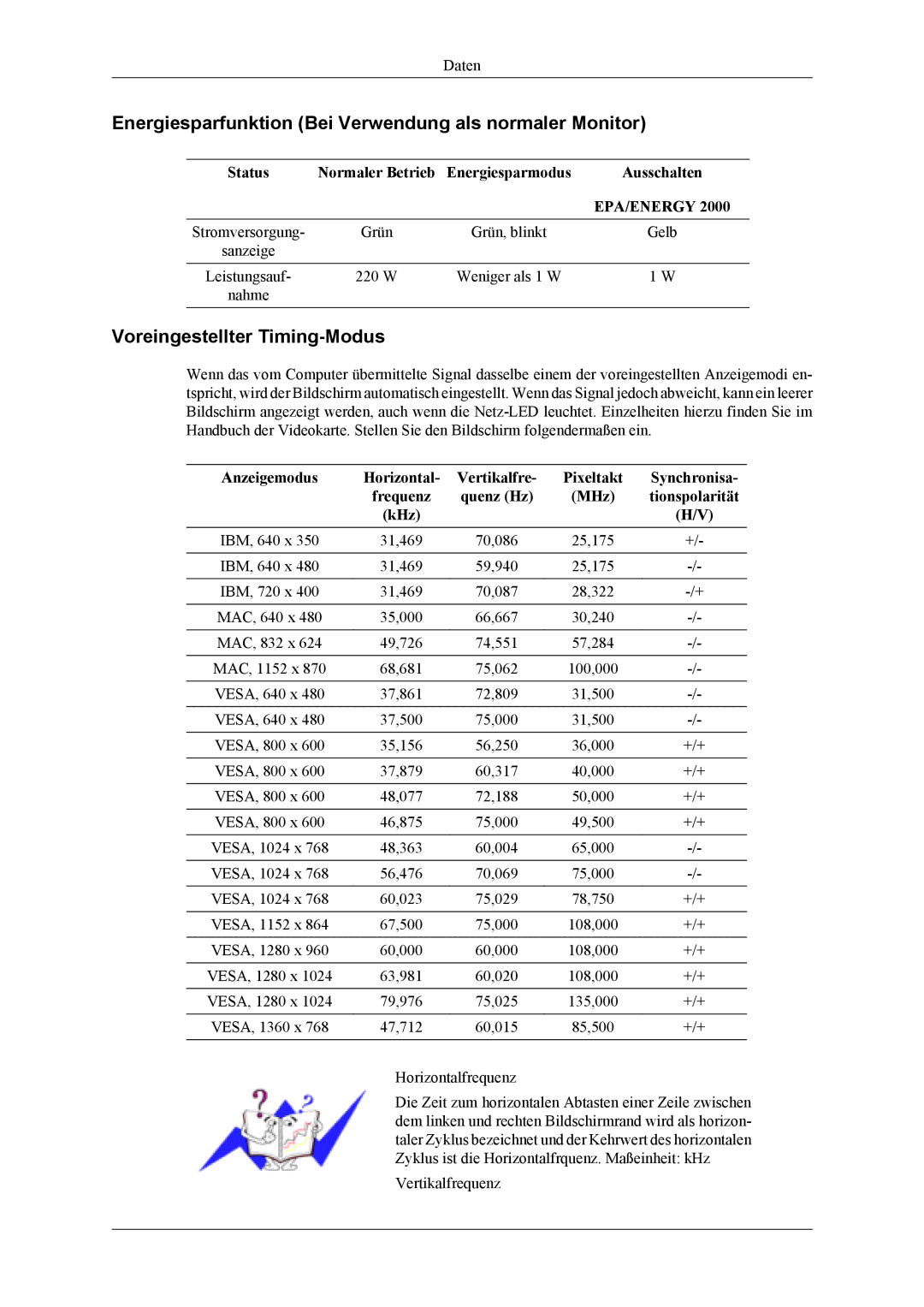 Samsung LH40MSTLBM/EN manual Energiesparfunktion Bei Verwendung als normaler Monitor, Voreingestellter Timing-Modus 