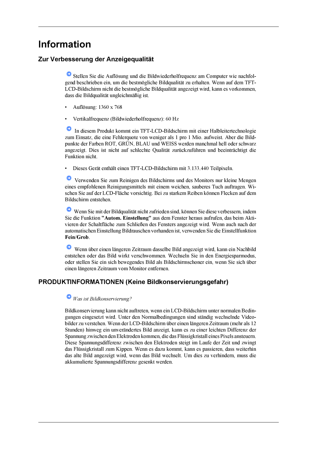 Samsung LH46MSTLBM/EN manual Zur Verbesserung der Anzeigequalität, Produktinformationen Keine Bildkonservierungsgefahr 