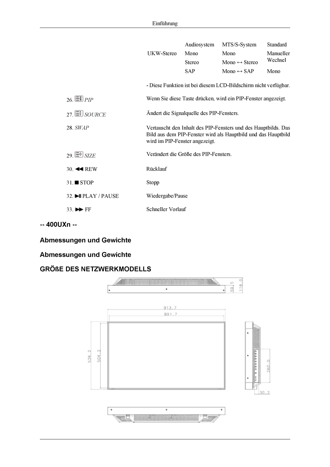 Samsung LH40MSTLBB/EN, LH40MSTABB/EN, LH46MSTABB/EN 400UXn Abmessungen und Gewichte GRÖßE DES Netzwerkmodells, Swap Size 