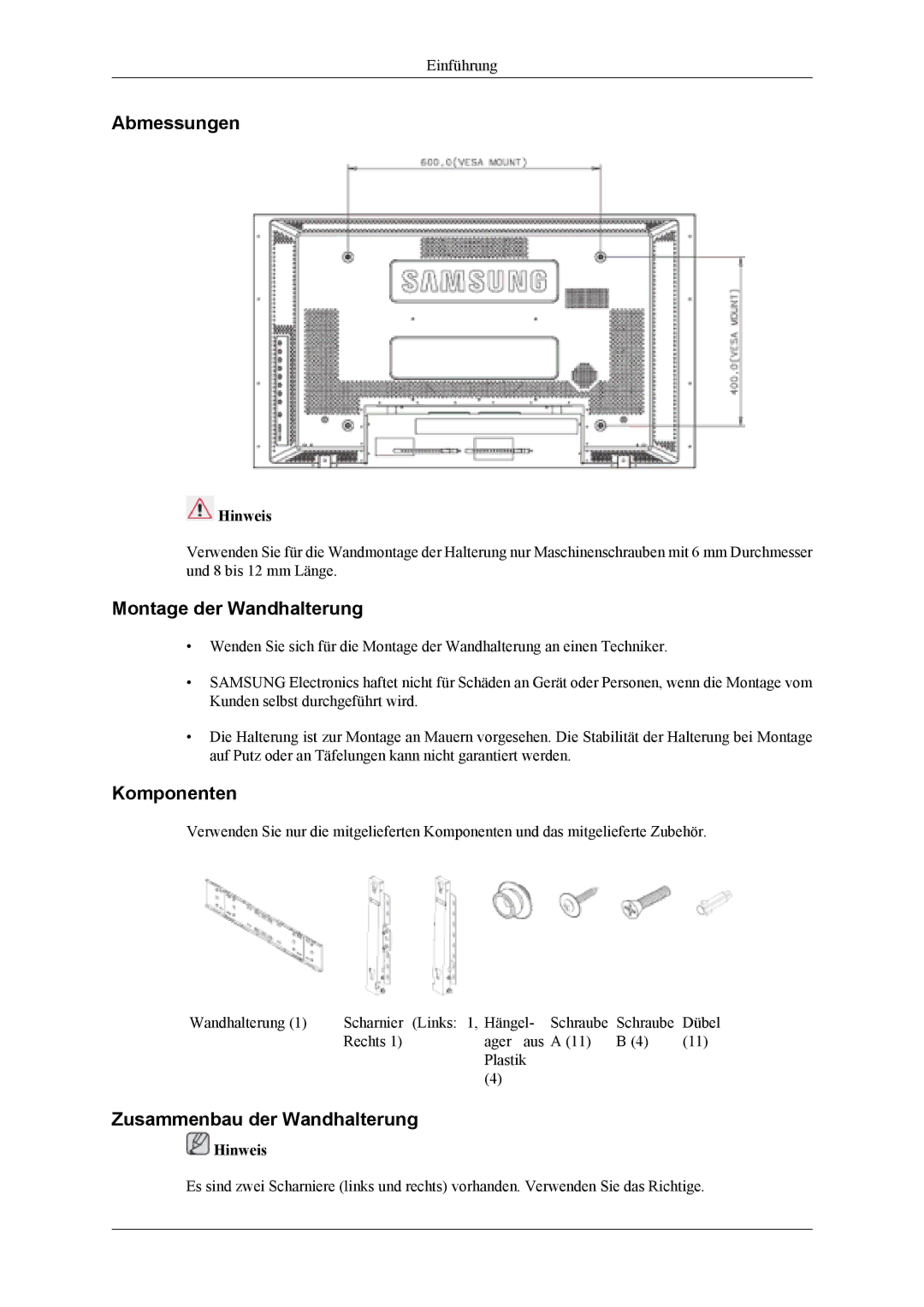 Samsung LH40MSTABB/EN, LH46MSTABB/EN Abmessungen, Montage der Wandhalterung, Komponenten, Zusammenbau der Wandhalterung 