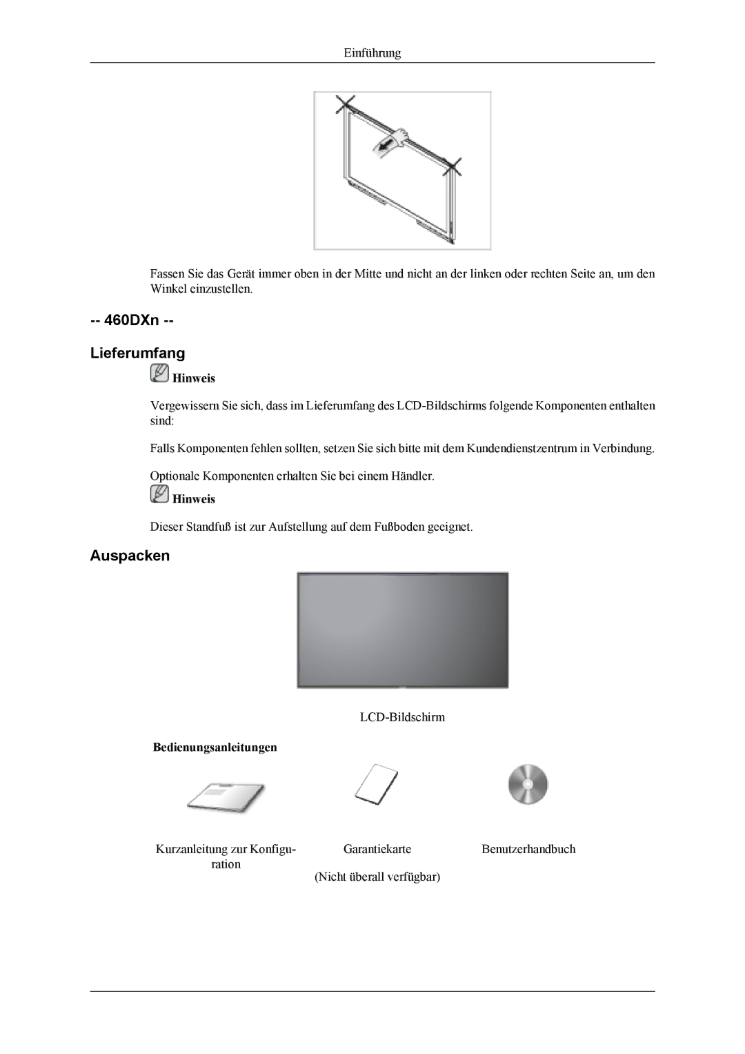 Samsung LH46MSTLBB/EN, LH40MSTABB/EN, LH46MSTABB/EN, LH46MSTLBM/EN, LH40MSTLBM/EN manual 460DXn Lieferumfang, Auspacken 