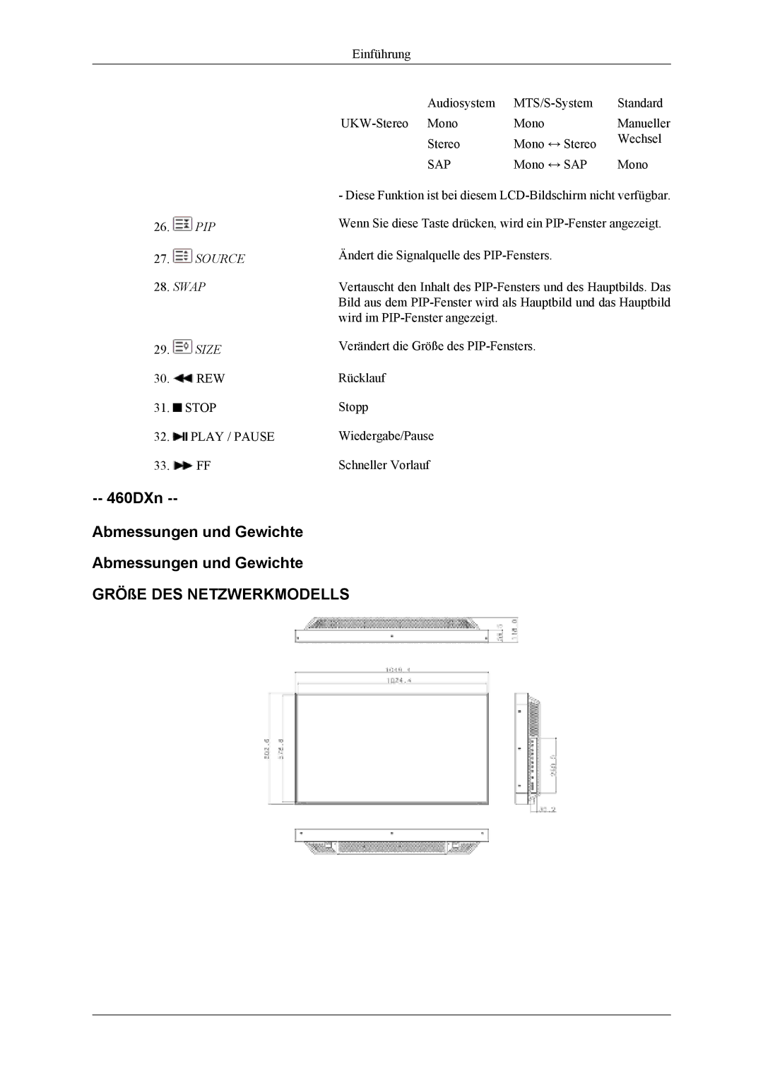 Samsung LH40MSTABB/EN, LH46MSTABB/EN, LH46MSTLBM/EN, LH40MSTLBM/EN 460DXn Abmessungen und Gewichte GRÖßE DES Netzwerkmodells 