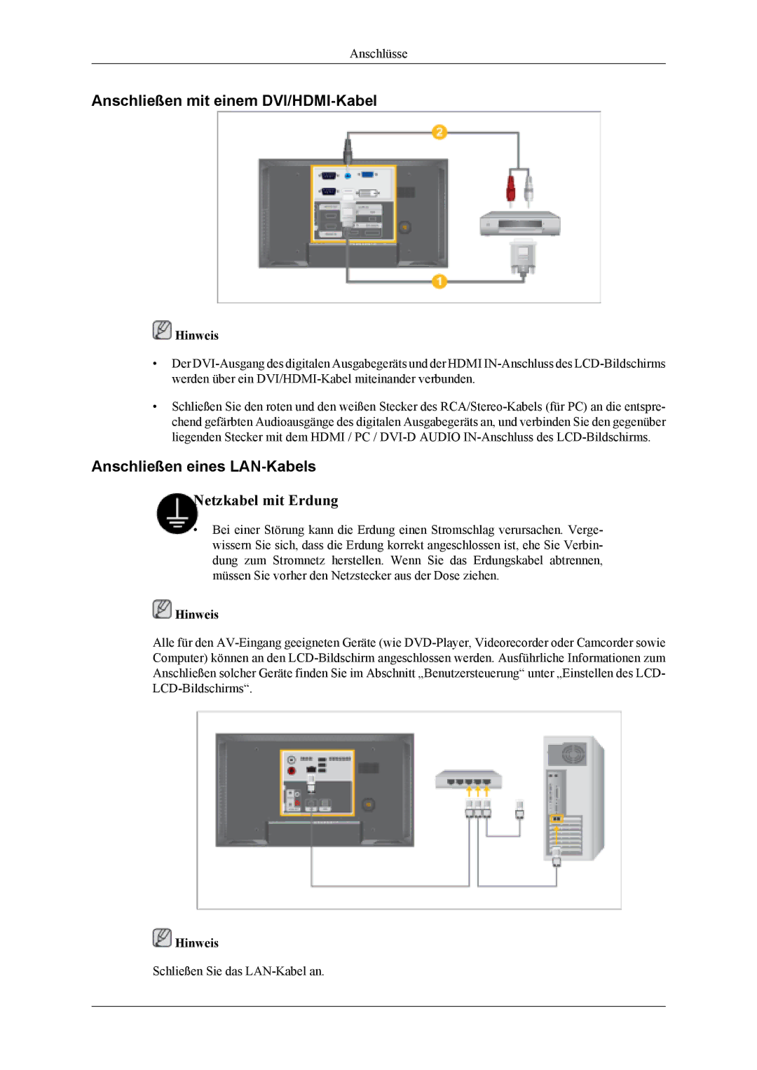 Samsung LH40MSTLBB/EN, LH40MSTABB/EN, LH46MSTABB/EN manual Anschließen mit einem DVI/HDMI-Kabel, Anschließen eines LAN-Kabels 