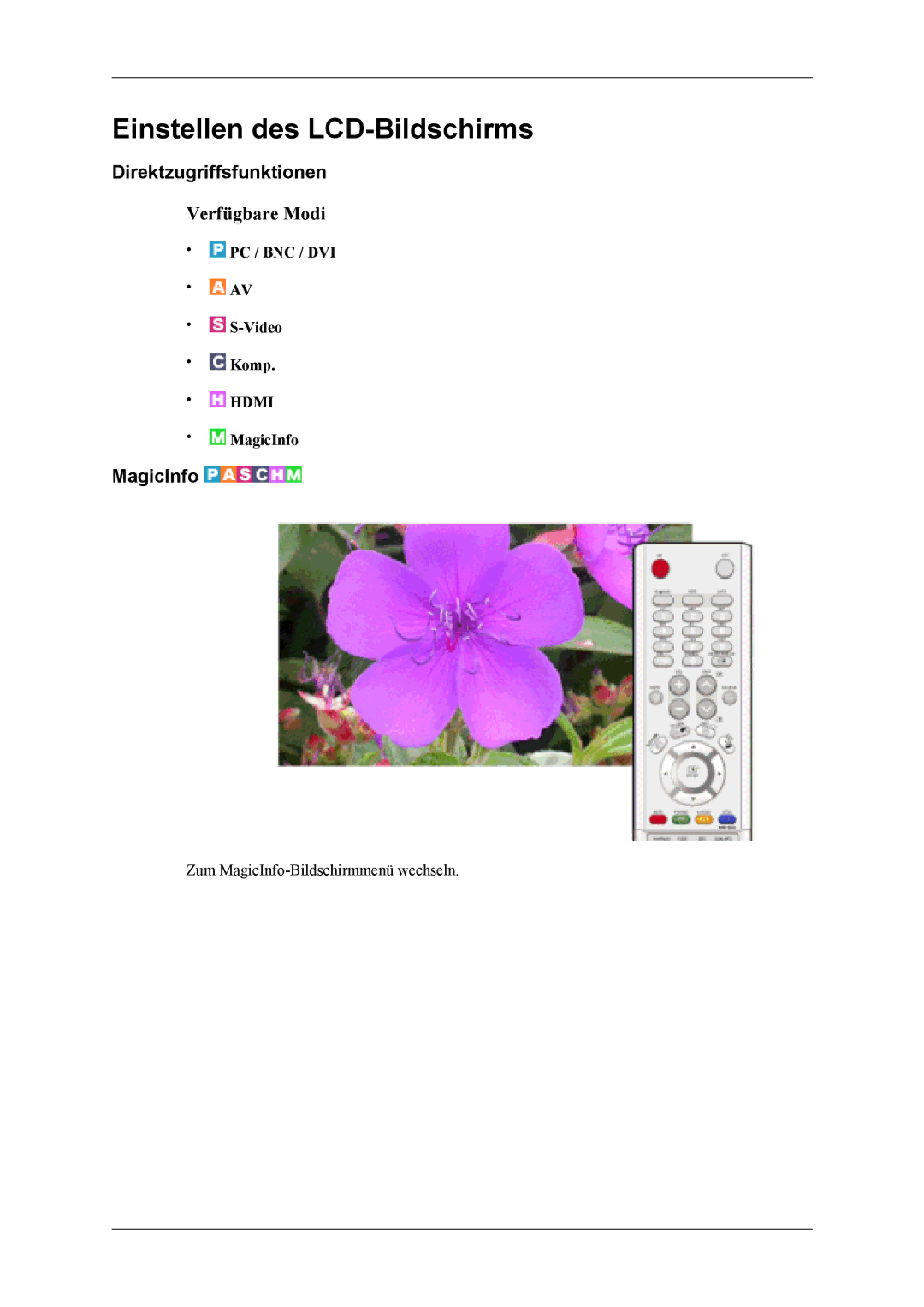 Samsung LH46MSTLBB/EN, LH40MSTABB/EN, LH46MSTABB/EN manual Direktzugriffsfunktionen, MagicInfo, PC / BNC / DVI Video Komp 