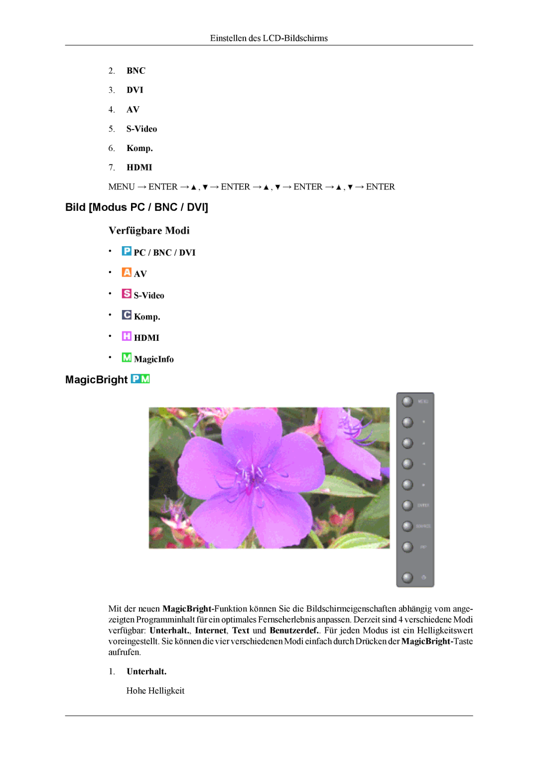 Samsung LH40MSTLBB/EN, LH40MSTABB/EN, LH46MSTABB/EN manual Bild Modus PC / BNC / DVI, MagicBright, Unterhalt. Hohe Helligkeit 
