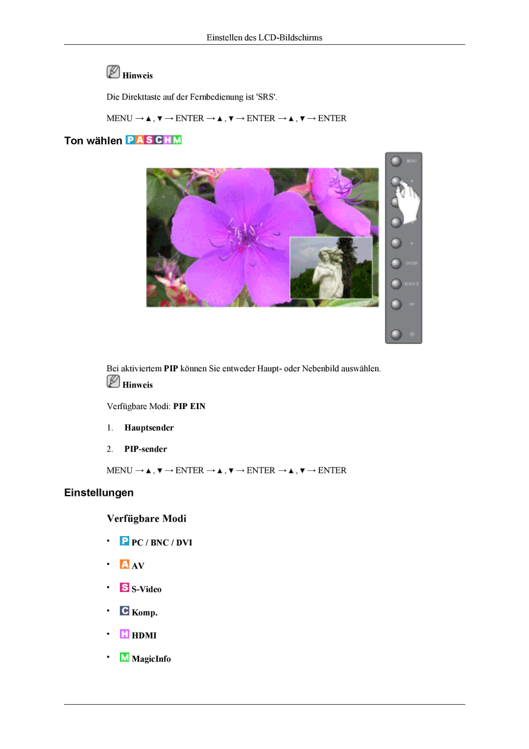 Samsung LH46MSTLBM/EN, LH40MSTABB/EN, LH46MSTABB/EN, LH40MSTLBM/EN manual Ton wählen, Einstellungen, Hauptsender PIP-sender 