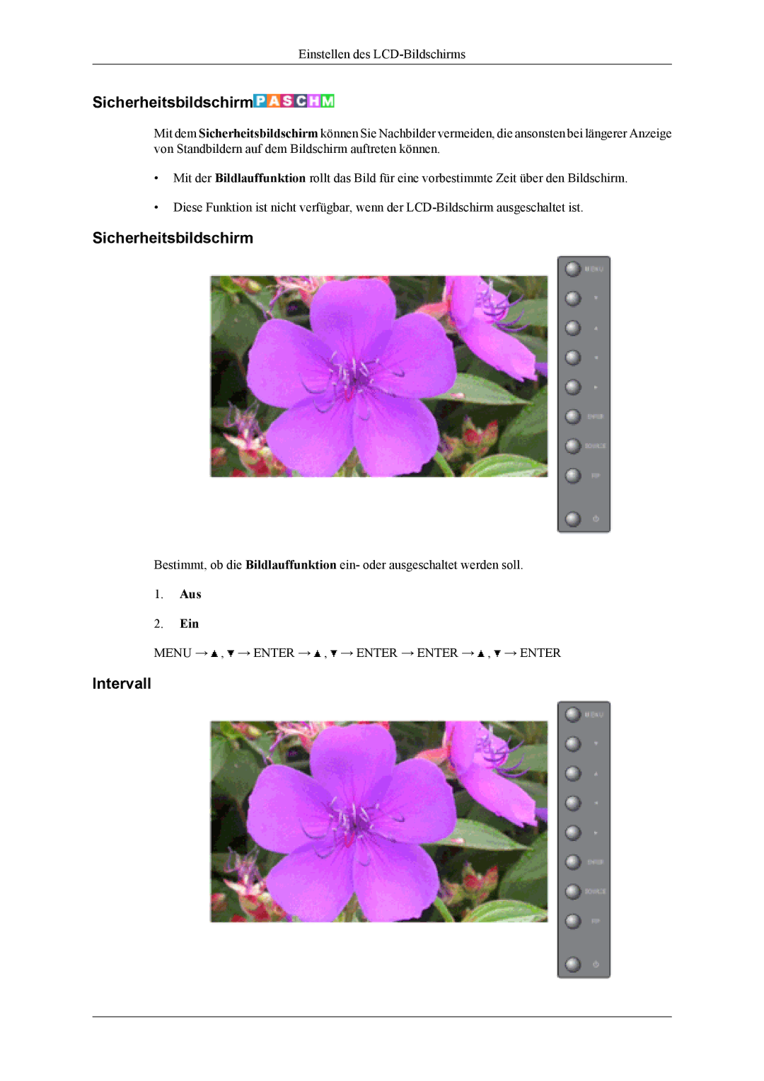 Samsung LH46MSTLBB/EN, LH40MSTABB/EN, LH46MSTABB/EN, LH46MSTLBM/EN, LH40MSTLBM/EN manual Sicherheitsbildschirm, Intervall 