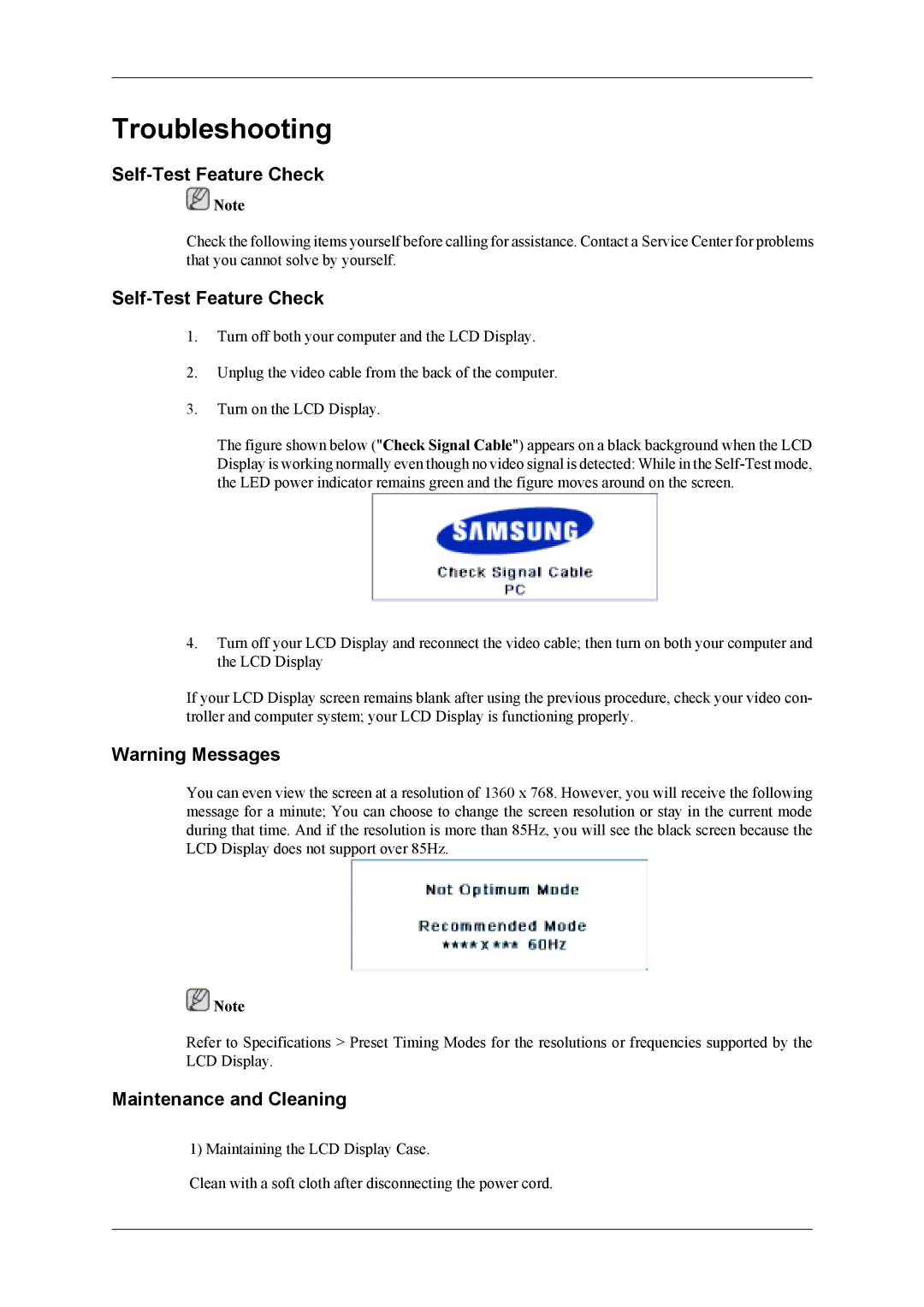 Samsung LH40MSPLBM/EN, LH40MSTABB/EN, LH46MSTABB/EN, LH46MWTLBN/EN manual Self-Test Feature Check, Maintenance and Cleaning 