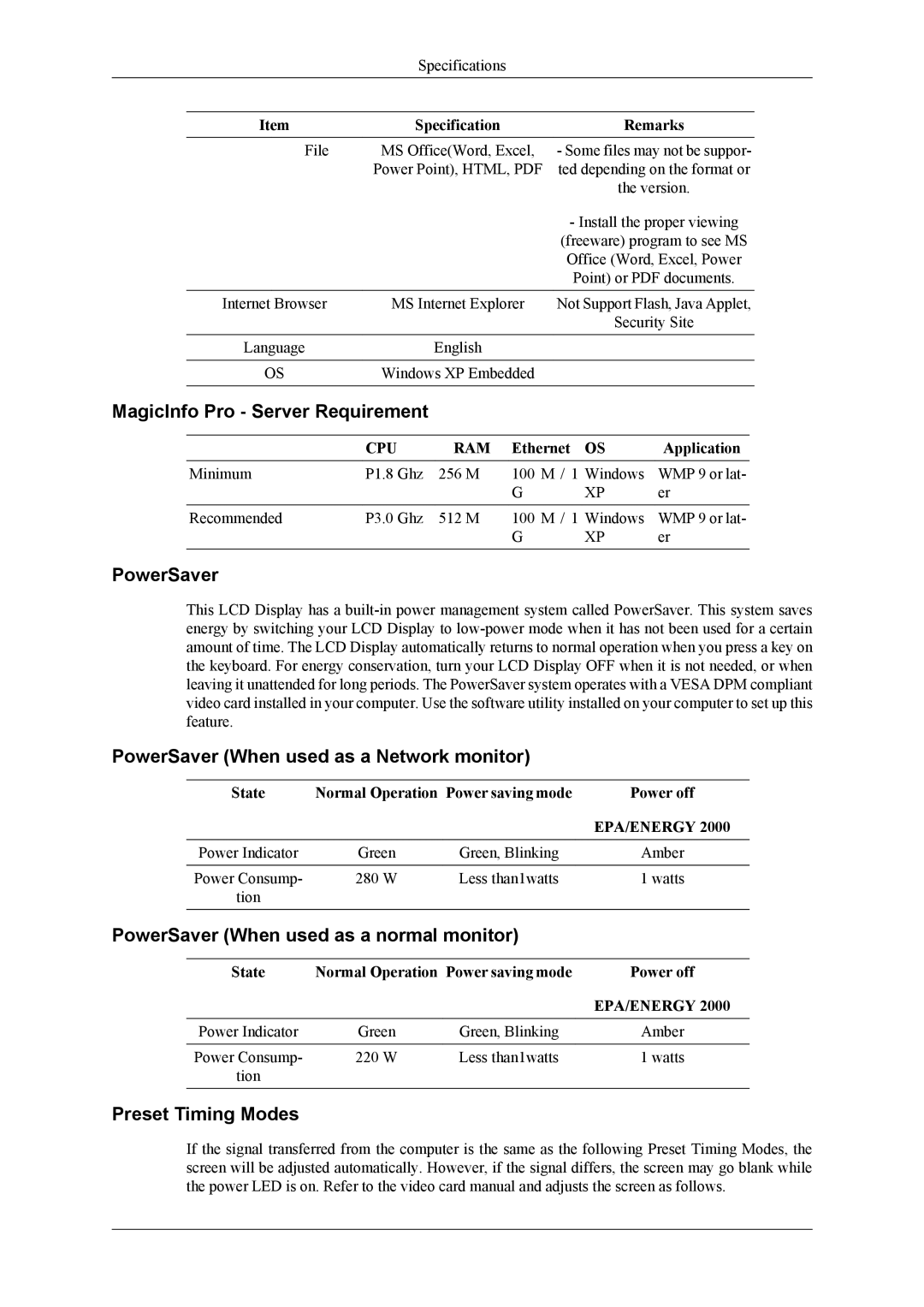 Samsung LH46MSTABB/EN MagicInfo Pro Server Requirement, PowerSaver When used as a Network monitor, Preset Timing Modes 