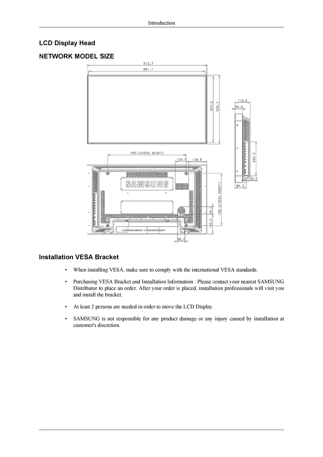 Samsung LH40MSPLBM/XJ, LH40MSTABB/EN, LH46MSTABB/EN, LH46MWTLBN/EN, LH40MSTLBM/ZA LCD Display Head, Installation Vesa Bracket 