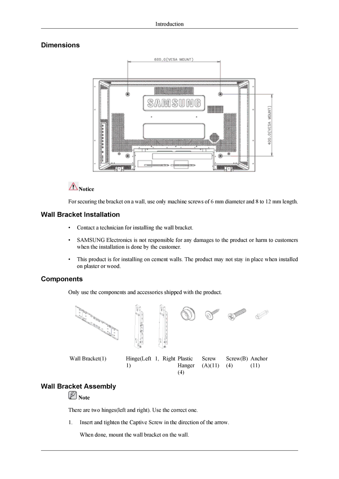 Samsung LH40MSTLBM/ZA, LH40MSTABB/EN manual Dimensions, Wall Bracket Installation, Components, Wall Bracket Assembly 