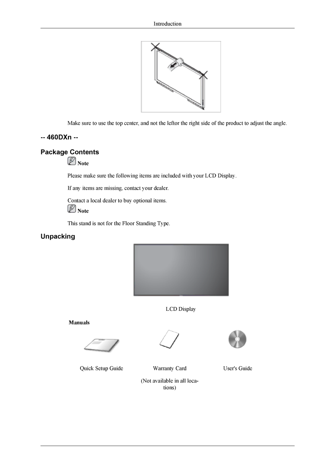 Samsung LH40MSTLBB/EN, LH40MSTABB/EN, LH46MSTABB/EN, LH46MWTLBN/EN, LH40MSPLBM/XJ manual 460DXn Package Contents, Unpacking 