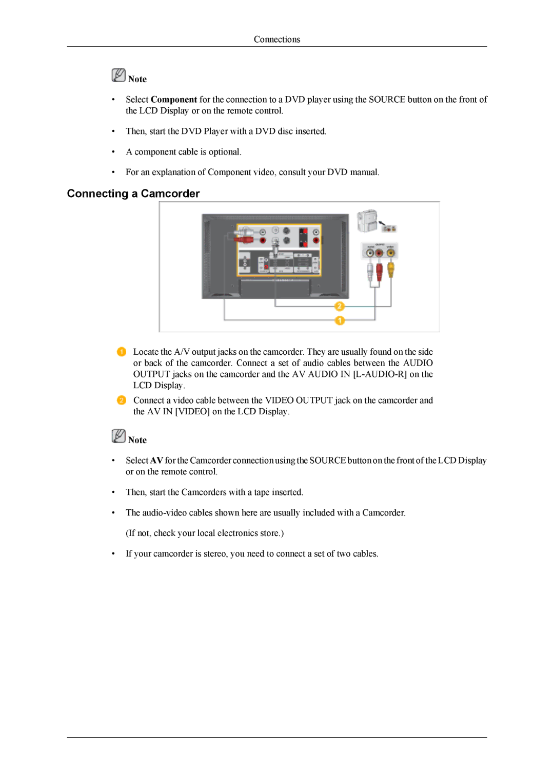 Samsung LH40MWTLBN/EN, LH40MSTABB/EN, LH46MSTABB/EN, LH46MWTLBN/EN, LH40MSPLBM/XJ, LH40MSTLBM/ZA manual Connecting a Camcorder 