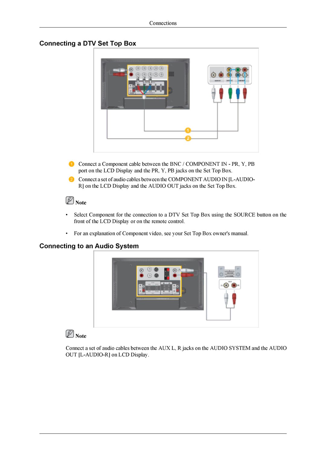 Samsung LH46MSTLBB/XY, LH40MSTABB/EN, LH46MSTABB/EN manual Connecting a DTV Set Top Box, Connecting to an Audio System 