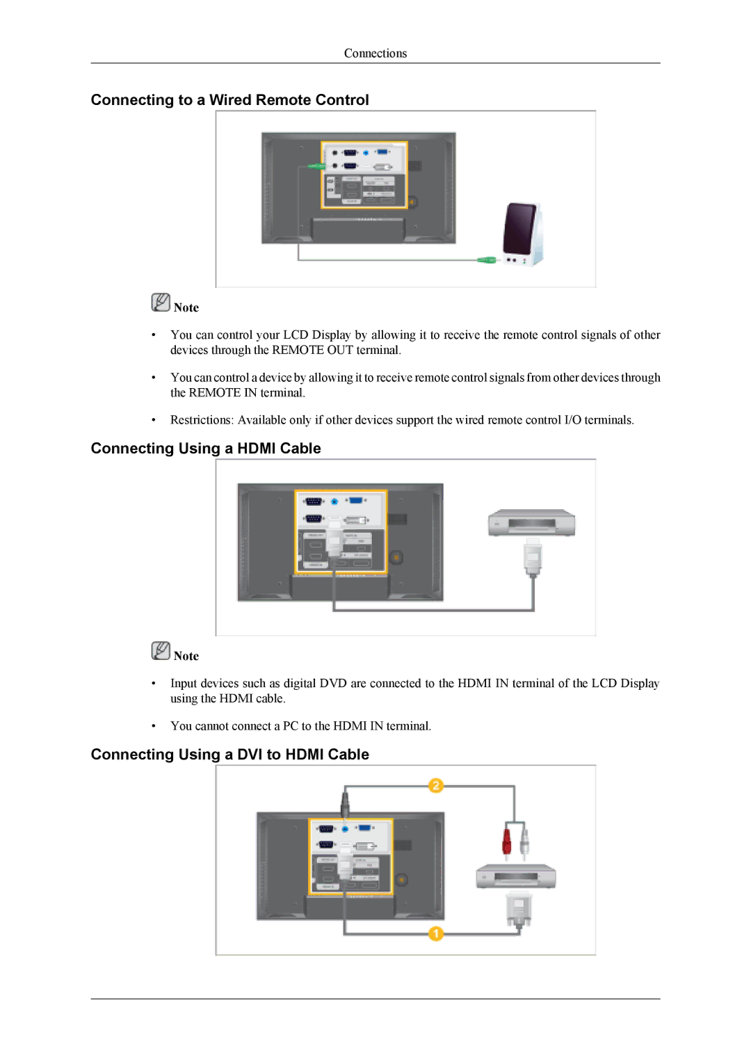 Samsung LH40MSTLBM/XV, LH40MSTABB/EN, LH46MSTABB/EN Connecting to a Wired Remote Control, Connecting Using a Hdmi Cable 