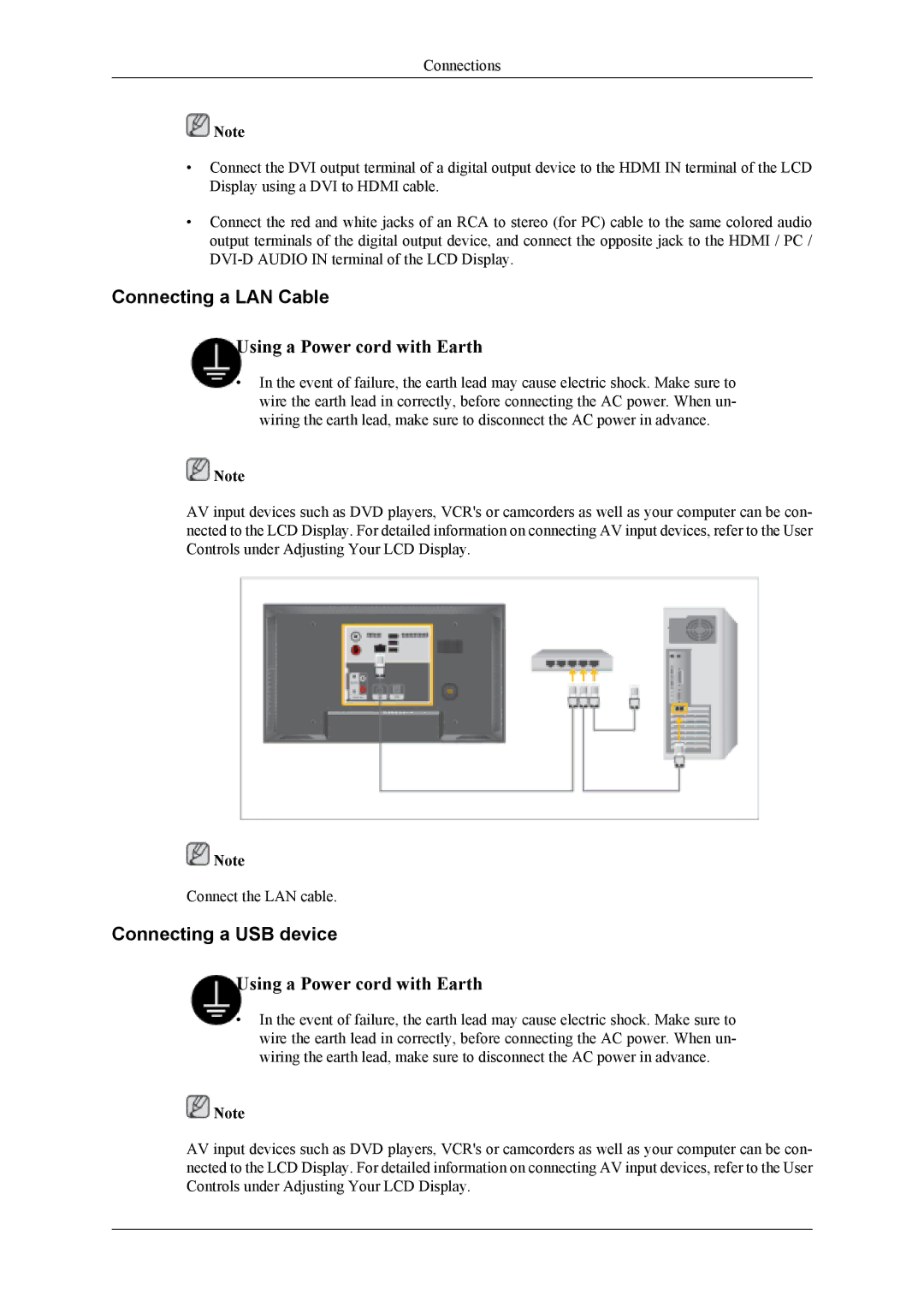 Samsung LH46MWTLBN/ZA, LH40MSTABB/EN, LH46MSTABB/EN, LH46MWTLBN/EN manual Connecting a LAN Cable, Connecting a USB device 