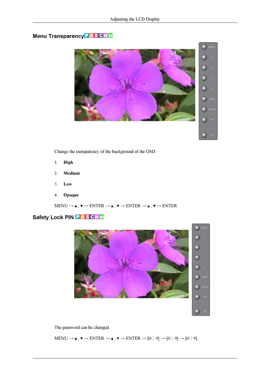 Samsung LH46MWTLBN/EN, LH40MSTABB/EN, LH46MSTABB/EN, LH40MSPLBM/XJ, LH40MSTLBM/ZA manual Menu Transparency, Safety Lock PIN 