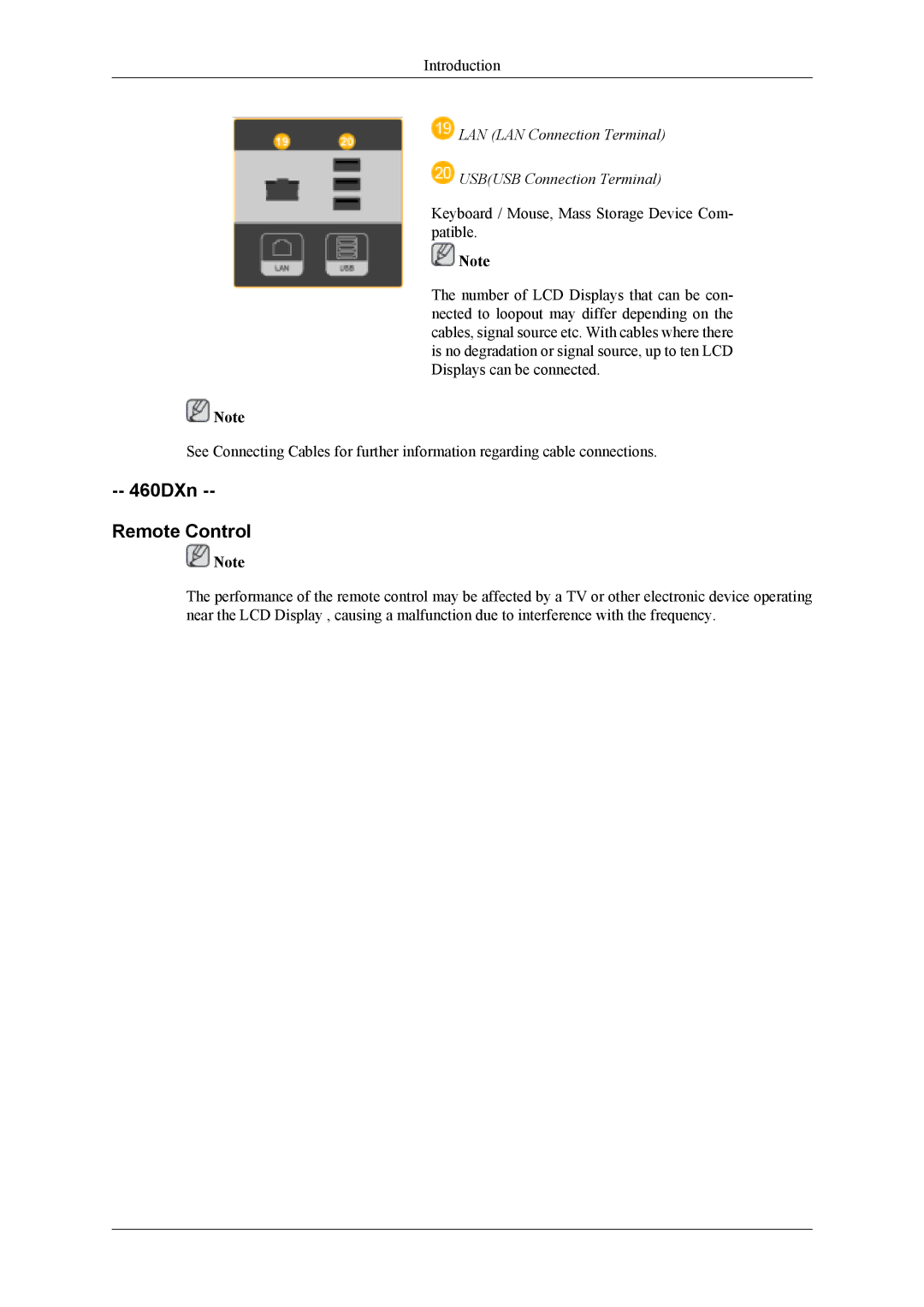 Samsung LH40MSPLBB/XY, LH40MSTABB/EN manual 460DXn Remote Control, LAN LAN Connection Terminal Usbusb Connection Terminal 