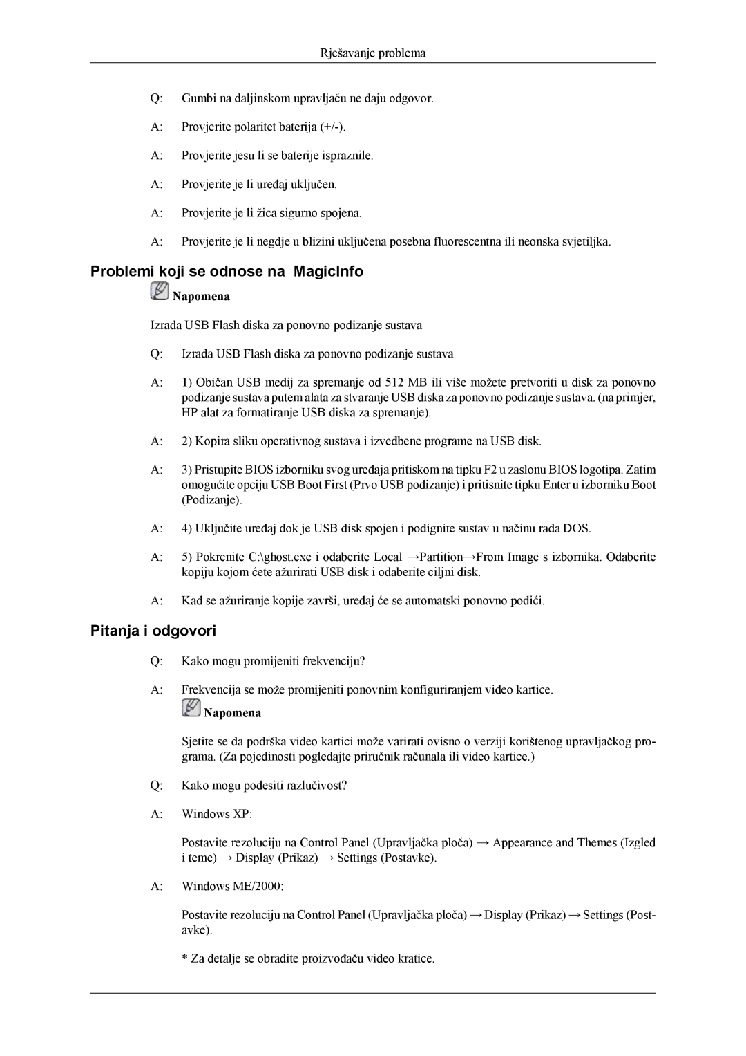 Samsung LH40MWTLBN/EN, LH40MSTLBM/EN, LH46MSTLBB/EN manual Problemi koji se odnose na MagicInfo, Pitanja i odgovori 