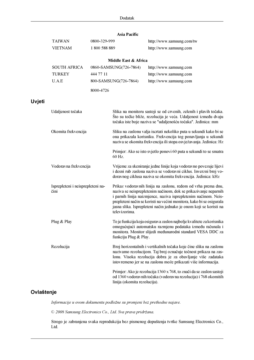 Samsung LH46MSTLBB/EN, LH40MSTLBM/EN, LH40MWTLBN/EN manual Uvjeti, Ovlaštenje, Middle East & Africa 