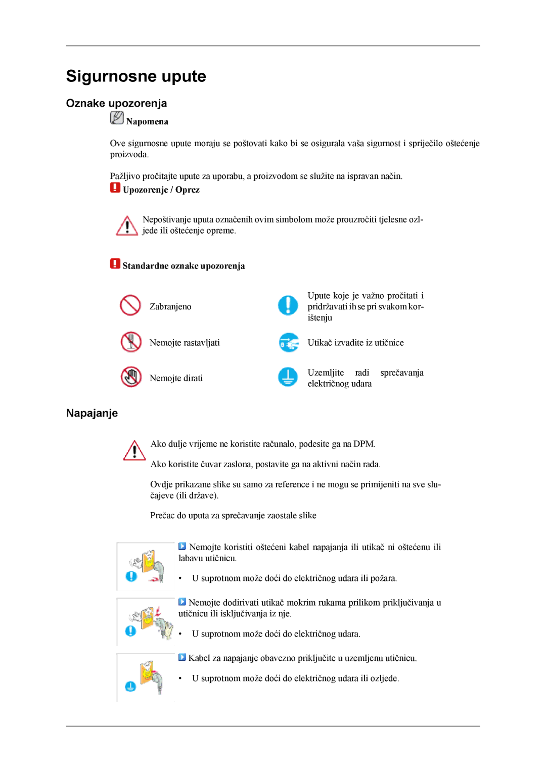 Samsung LH40MWTLBN/EN manual Oznake upozorenja, Napajanje, Napomena, Upozorenje / Oprez, Standardne oznake upozorenja 