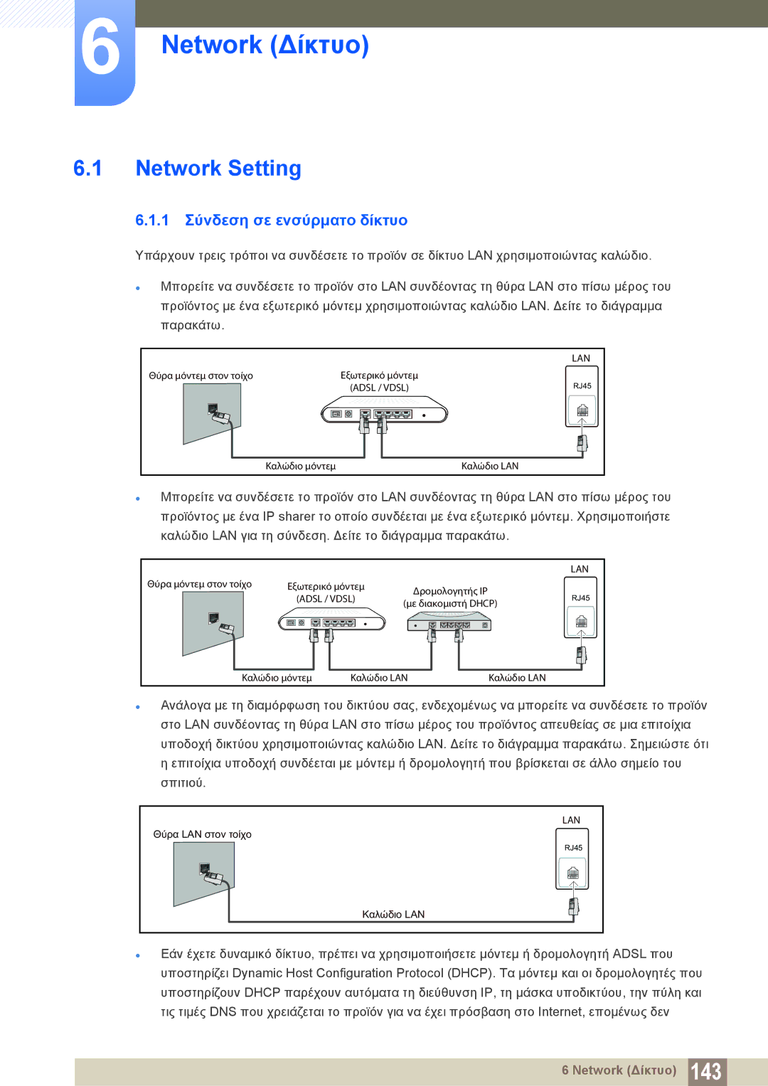 Samsung LH46DECPLBC/EN, LH40PECPLBC/EN manual Network Setting, 1 Σύνδεση σε ενσύρματο δίκτυο 