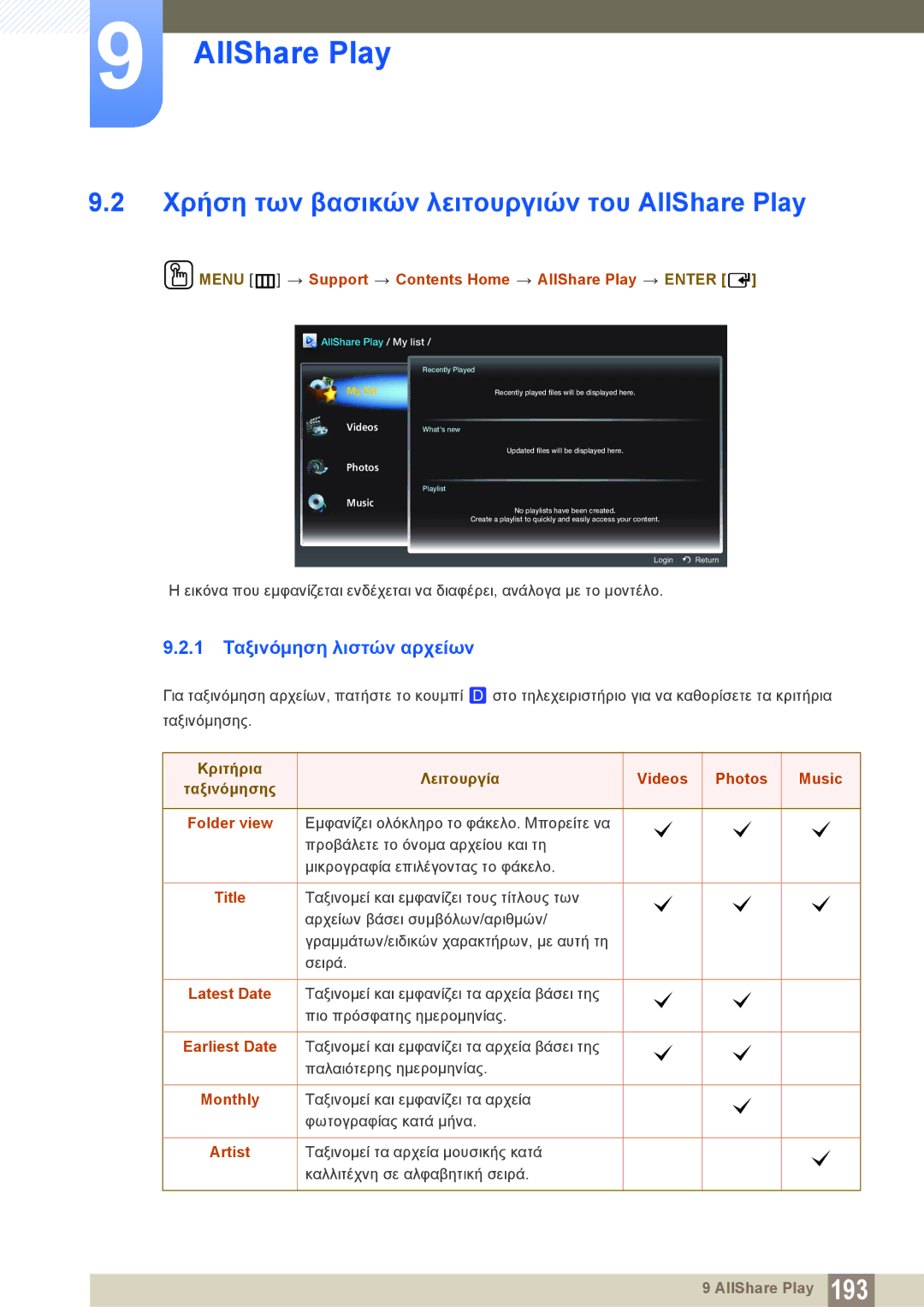 Samsung LH46DECPLBC/EN, LH40PECPLBC/EN manual Χρήση των βασικών λειτουργιών του AllShare Play, 1 Ταξινόμηση λιστών αρχείων 