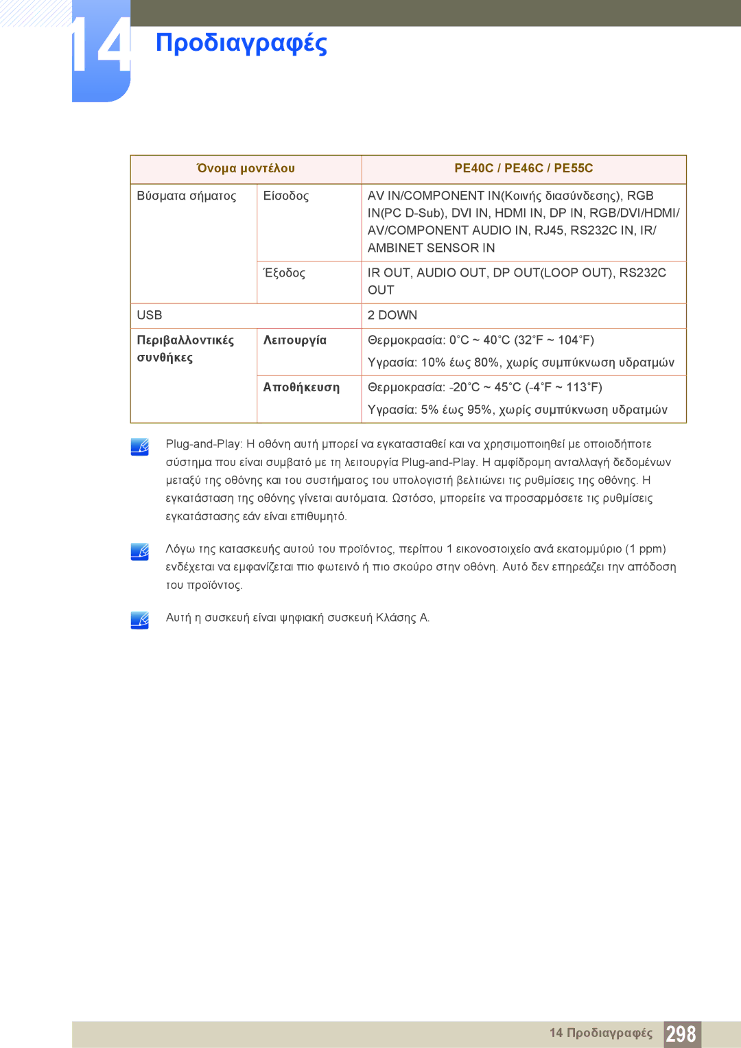 Samsung LH40PECPLBC/EN, LH46DECPLBC/EN manual Περιβαλλοντικές Λειτουργία, Συνθήκες, Αποθήκευση 