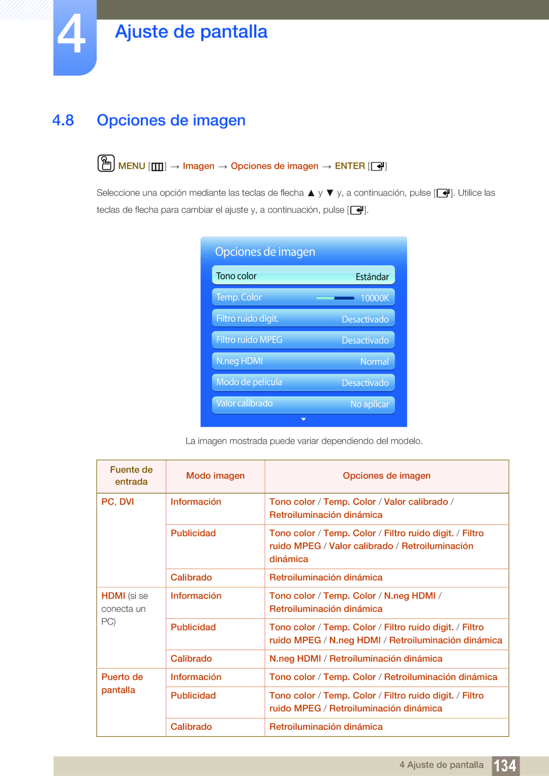 Samsung LH40DECPLBC/EN, LH40PECPLBC/EN, LH55PECPLBC/EN manual Imagen Opciones de imagen, Modo imagen Opciones de imagen 