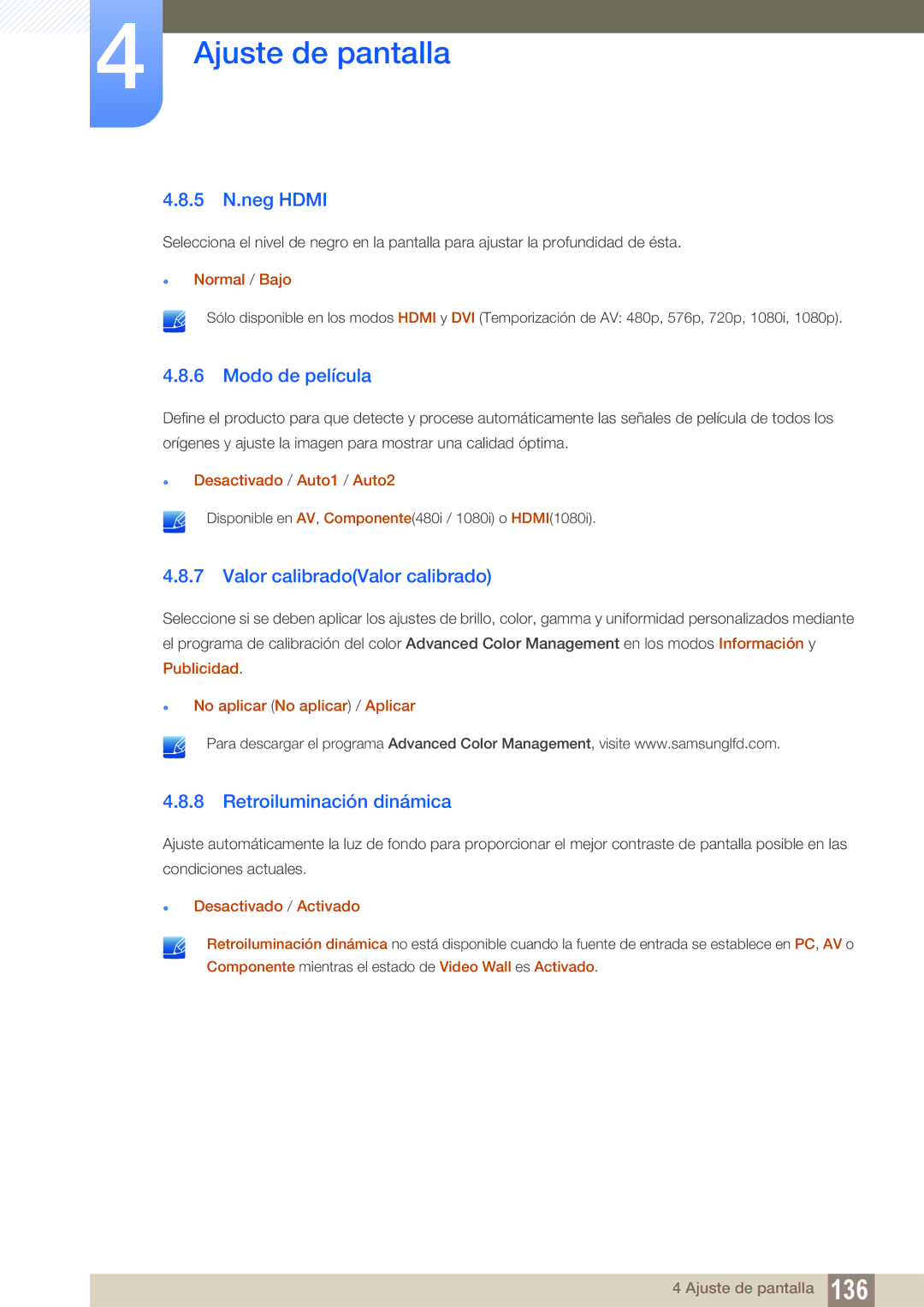 Samsung LH55PECPLBC/EN manual 5 N.neg Hdmi, Modo de película, Valor calibradoValor calibrado, Retroiluminación dinámica 