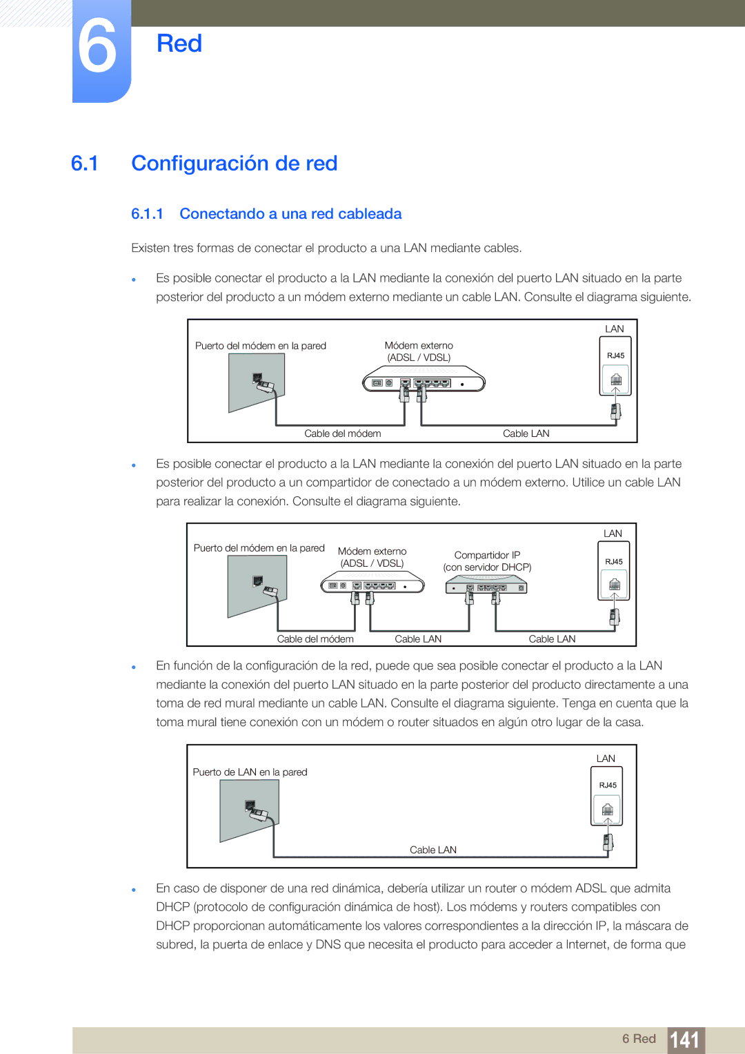 Samsung LH55PECPLBC/EN, LH40PECPLBC/EN, LH46PECPLBC/EN, LH46DECPLBC/EN Configuración de red, Conectando a una red cableada 