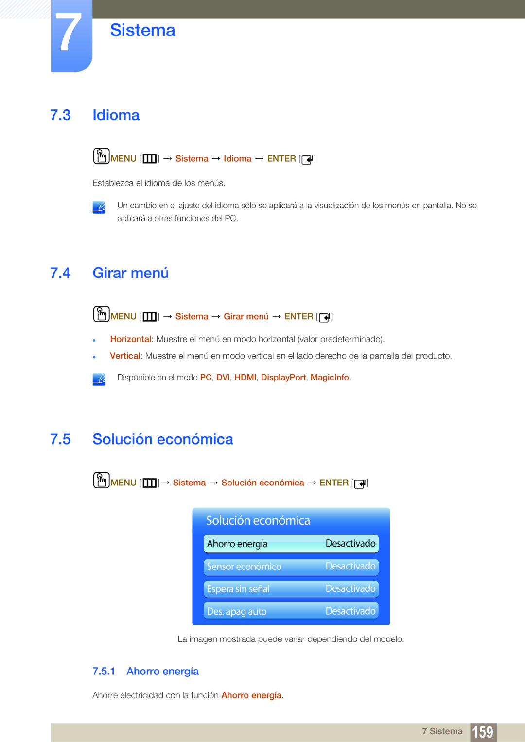 Samsung LH40DECPLBC/EN, LH40PECPLBC/EN, LH55PECPLBC/EN manual Idioma, Girar menú, Solución económica, Ahorro energía 