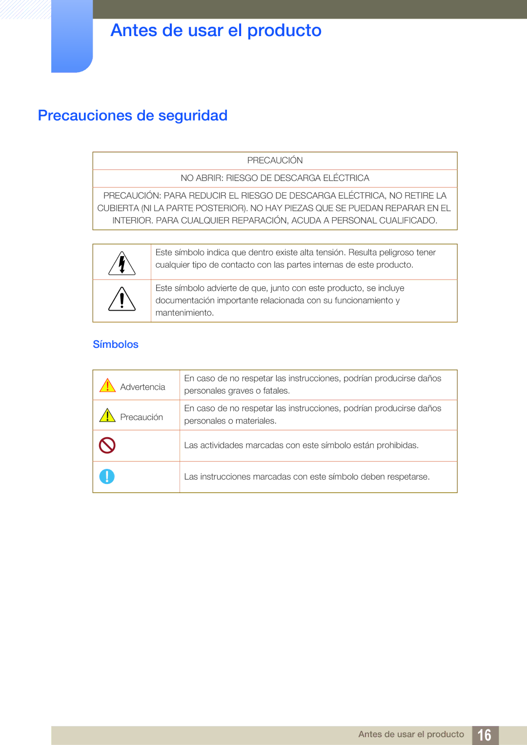 Samsung LH55PECPLBC/EN, LH40PECPLBC/EN, LH46PECPLBC/EN, LH46DECPLBC/EN, LH40DECPLBC/EN Precauciones de seguridad, Símbolos 