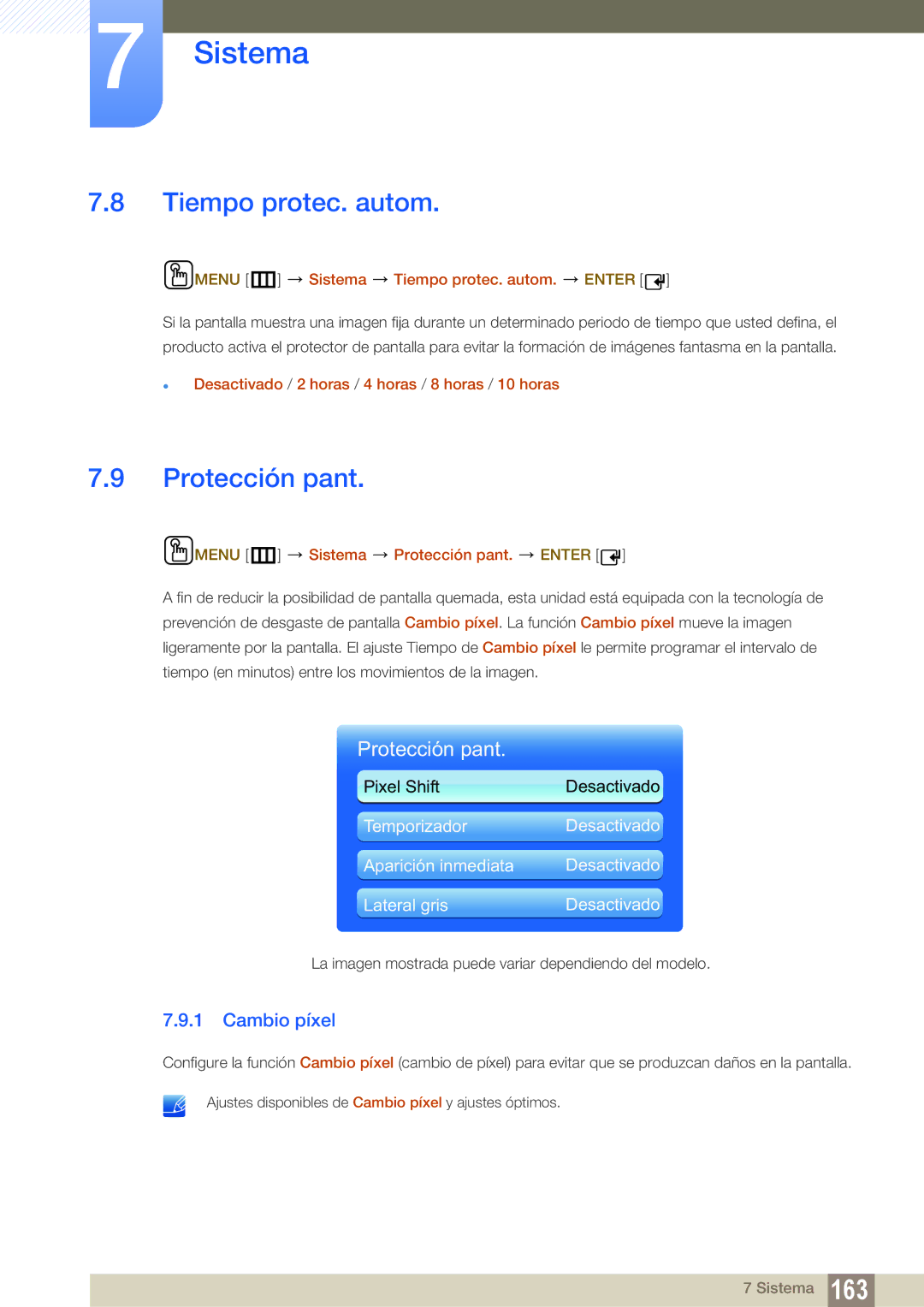 Samsung LH46DECPLBC/EN, LH40PECPLBC/EN, LH55PECPLBC/EN, LH46PECPLBC/EN Tiempo protec. autom, Protección pant, Cambio píxel 