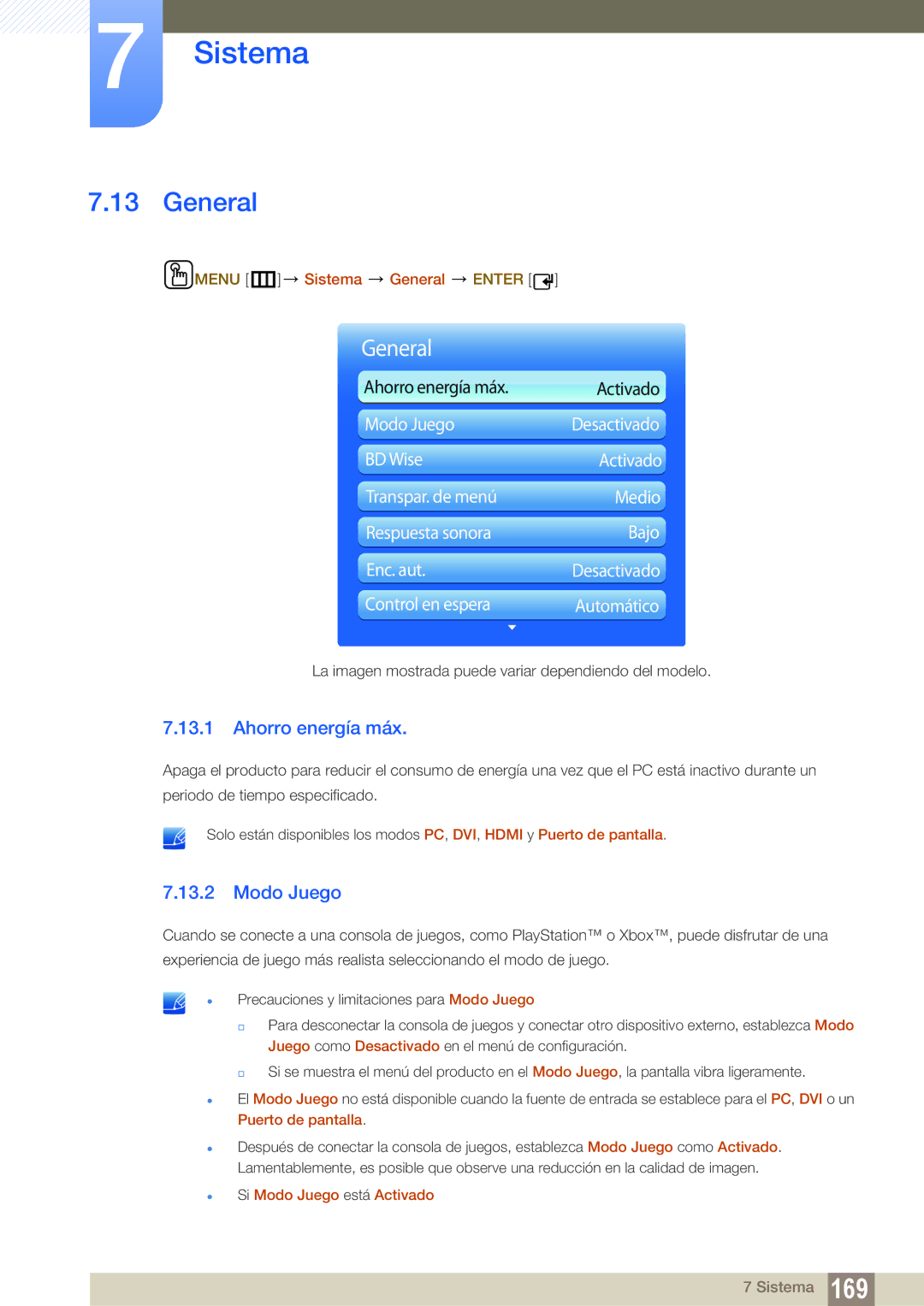 Samsung LH40DECPLBC/EN manual Ahorro energía máx, Menu m Sistema General Enter,  Si Modo Juego está Activado 