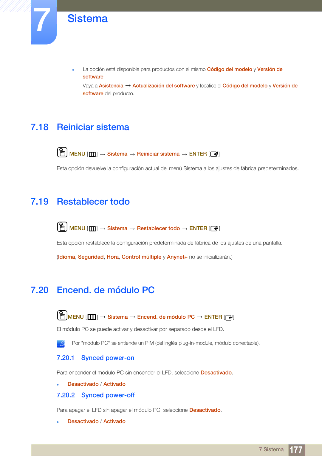 Samsung LH46PECPLBC/EN manual Reiniciar sistema, Restablecer todo, Encend. de módulo PC, Synced power-on, Synced power-off 