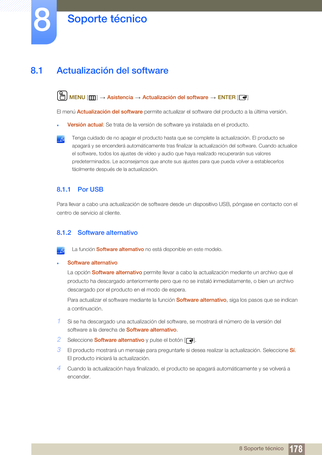 Samsung LH46DECPLBC/EN, LH40PECPLBC/EN, LH55PECPLBC/EN manual Actualización del software, Por USB,  Software alternativo 