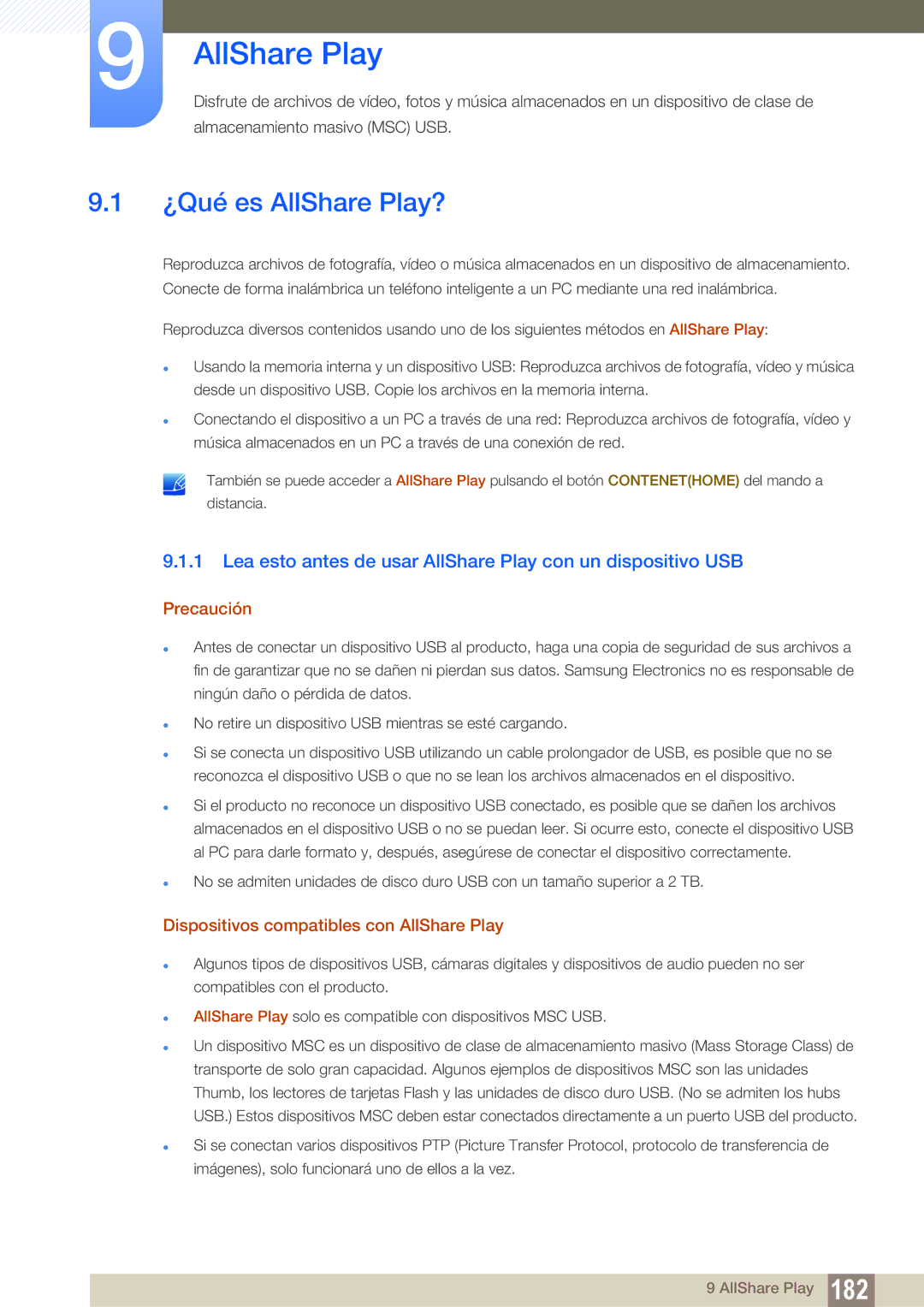 Samsung LH46PECPLBC/EN, LH40PECPLBC/EN ¿Qué es AllShare Play?, Lea esto antes de usar AllShare Play con un dispositivo USB 