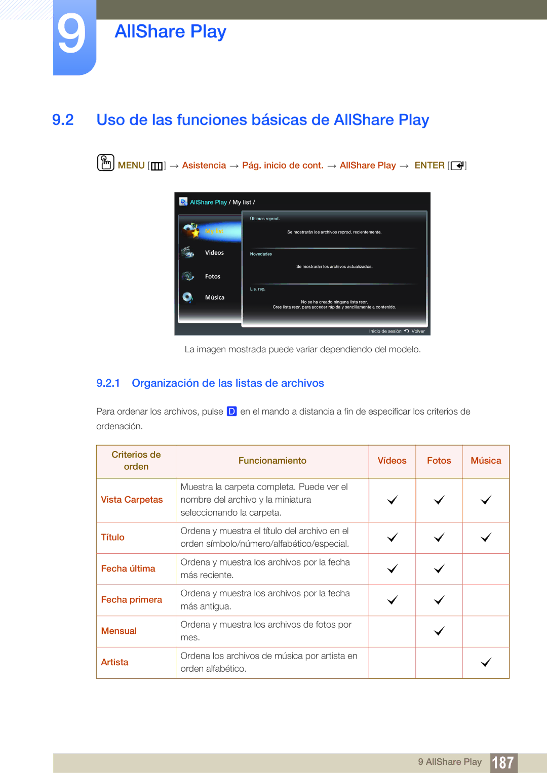 Samsung LH46PECPLBC/EN manual Uso de las funciones básicas de AllShare Play, Organización de las listas de archivos 