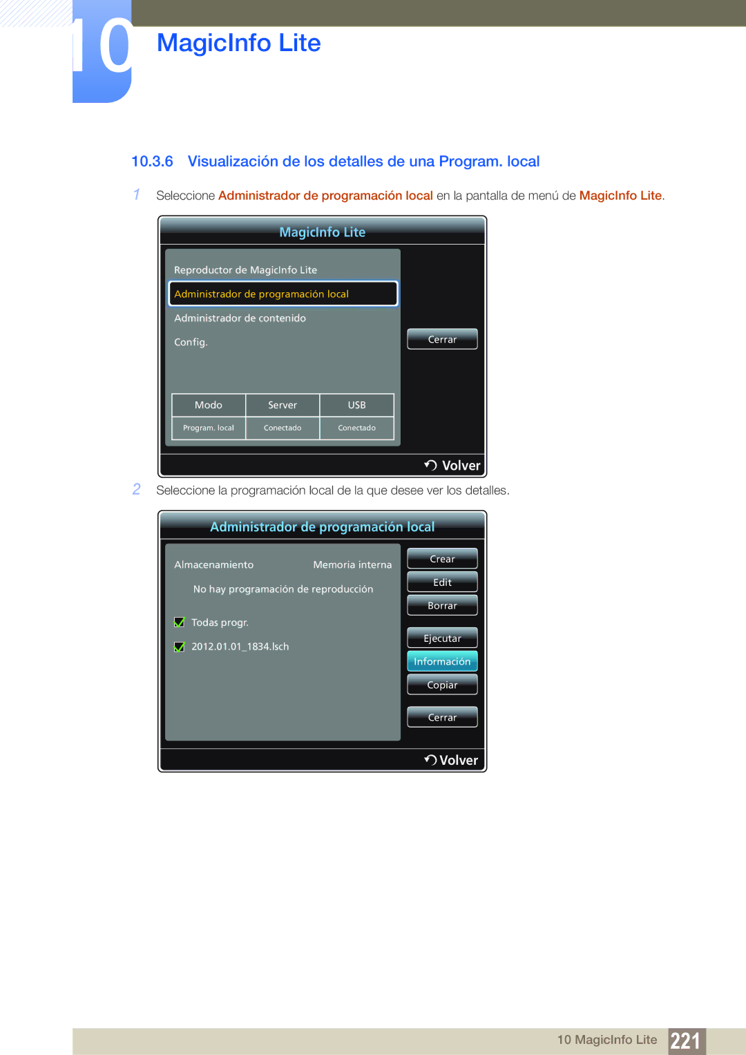 Samsung LH55PECPLBC/EN, LH40PECPLBC/EN, LH46PECPLBC/EN, LH46DECPLBC/EN Visualización de los detalles de una Program. local 