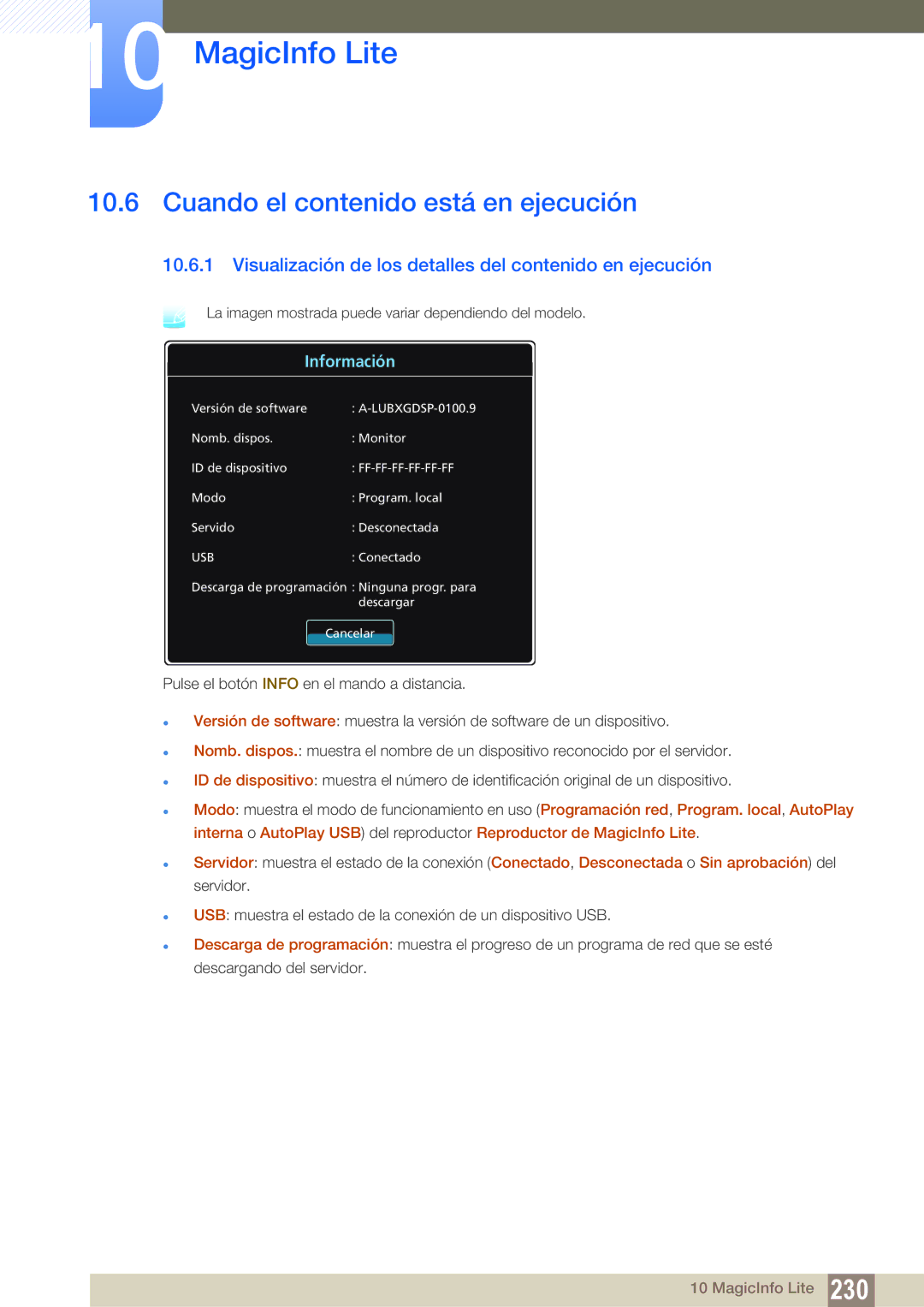 Samsung LH40PECPLBC/EN Cuando el contenido está en ejecución, Visualización de los detalles del contenido en ejecución 