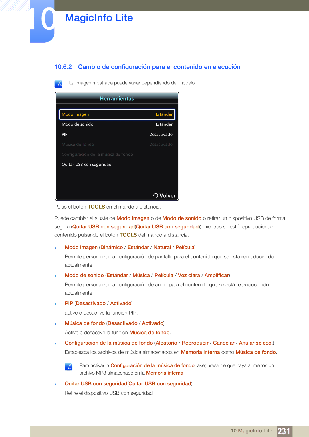 Samsung LH55PECPLBC/EN, LH40PECPLBC/EN, LH46PECPLBC/EN manual Cambio de configuración para el contenido en ejecución 