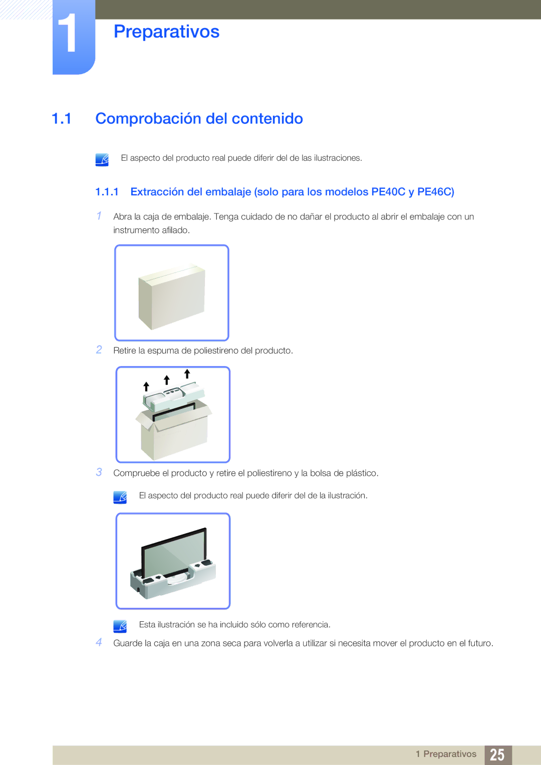 Samsung LH40PECPLBC/EN manual Comprobación del contenido, Extracción del embalaje solo para los modelos PE40C y PE46C 