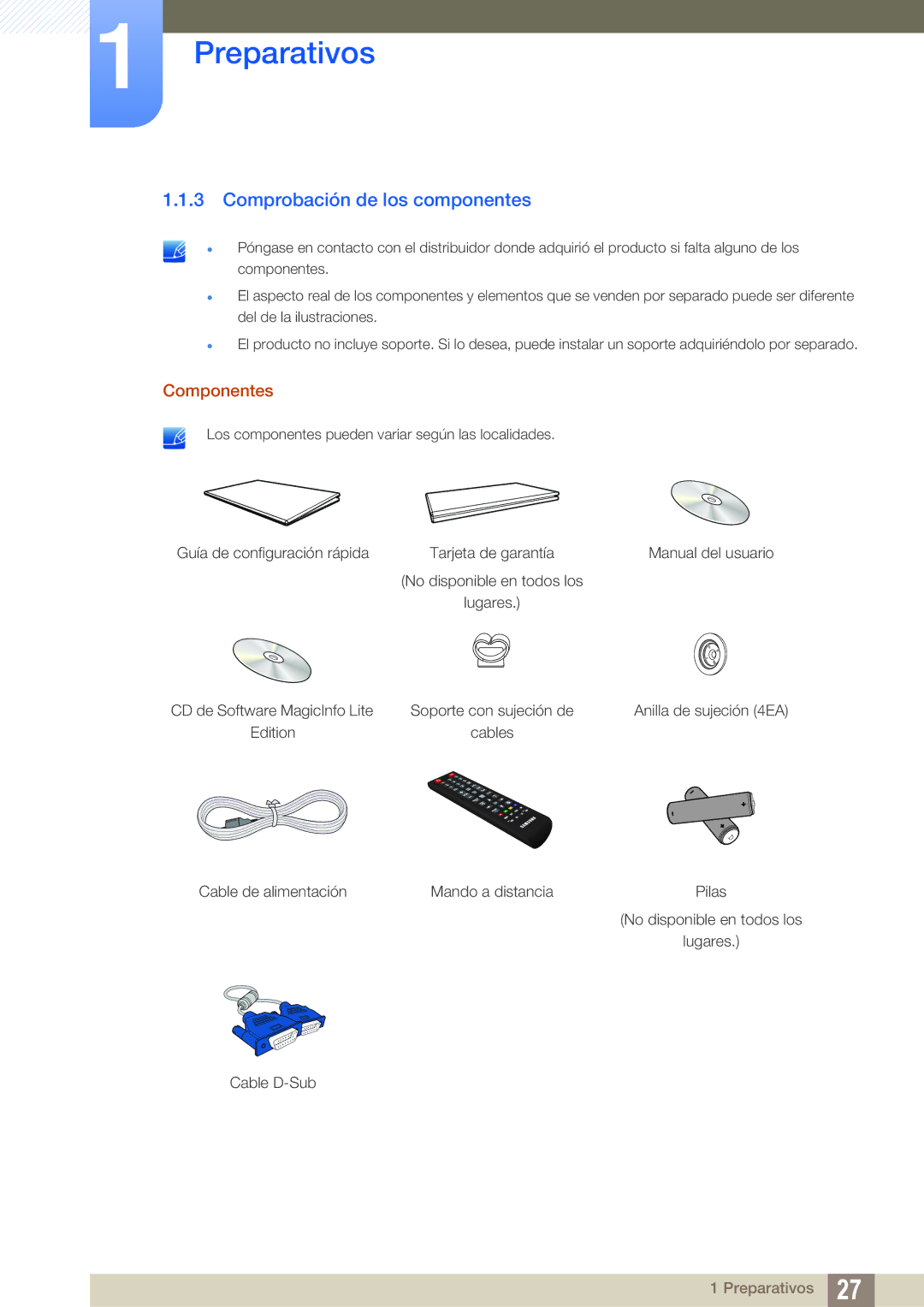 Samsung LH46PECPLBC/EN, LH40PECPLBC/EN, LH55PECPLBC/EN, LH46DECPLBC/EN manual Comprobación de los componentes, Componentes 