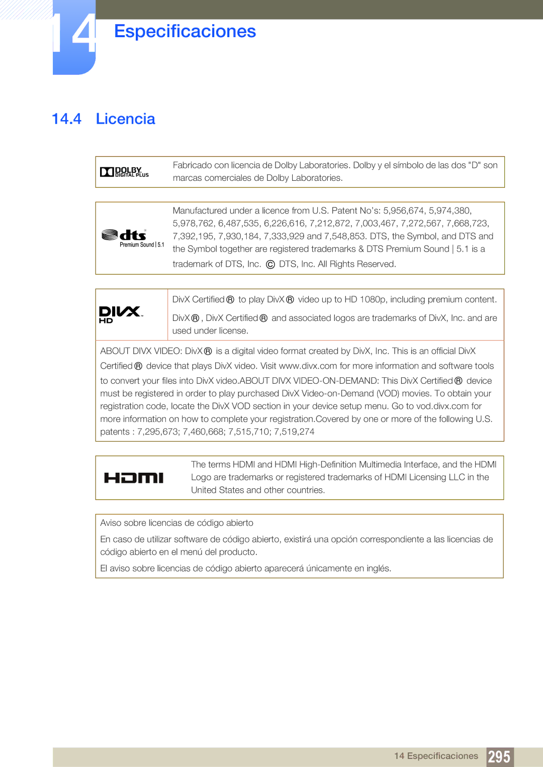 Samsung LH40PECPLBC/EN, LH55PECPLBC/EN, LH46PECPLBC/EN, LH46DECPLBC/EN, LH40DECPLBC/EN manual Licencia 