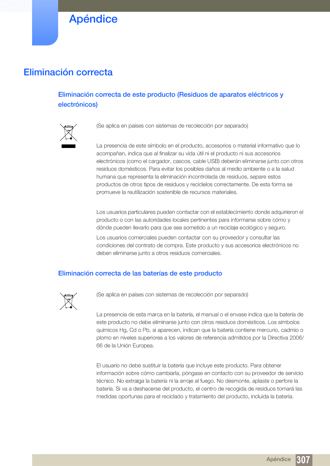 Samsung LH46PECPLBC/EN, LH40PECPLBC/EN, LH55PECPLBC/EN manual Eliminación correcta de las baterías de este producto 