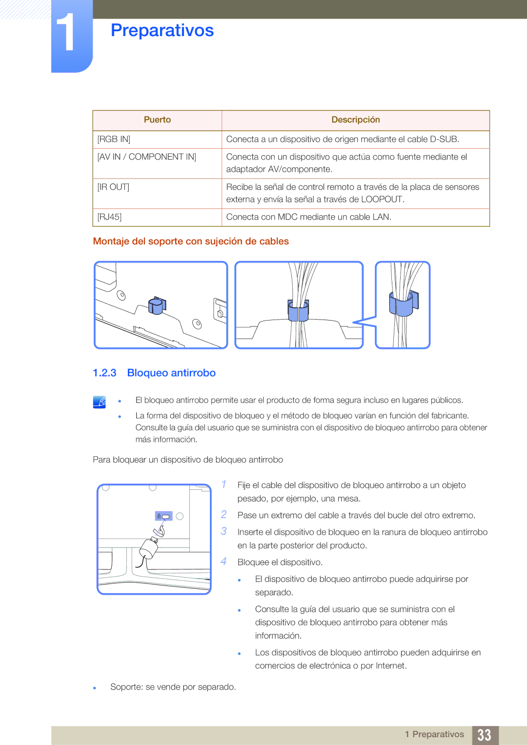 Samsung LH46DECPLBC/EN, LH40PECPLBC/EN, LH55PECPLBC/EN manual Bloqueo antirrobo, Montaje del soporte con sujeción de cables 